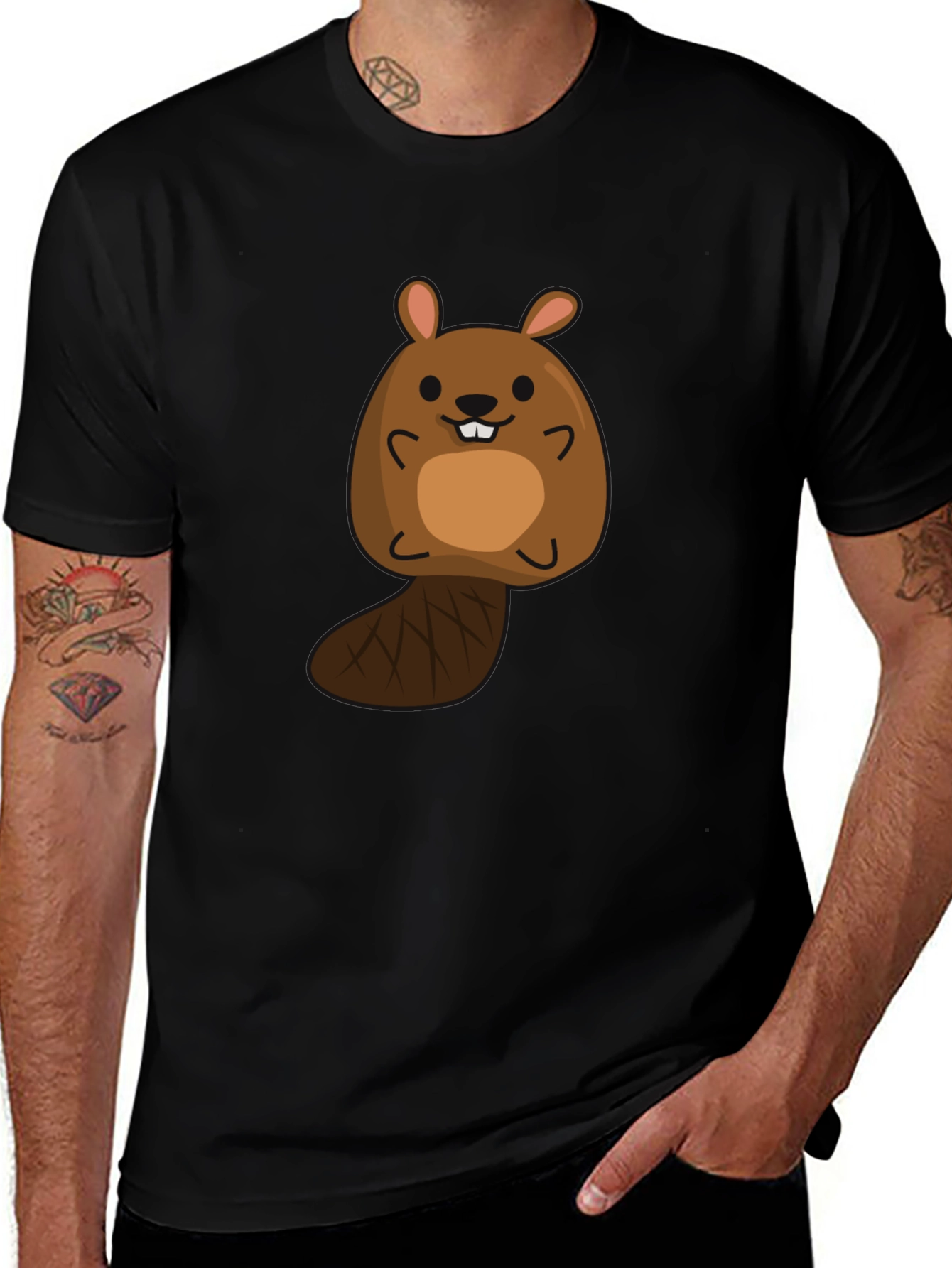 Variant 24 of Cute Beaver Cartoon Black T-Shirt
