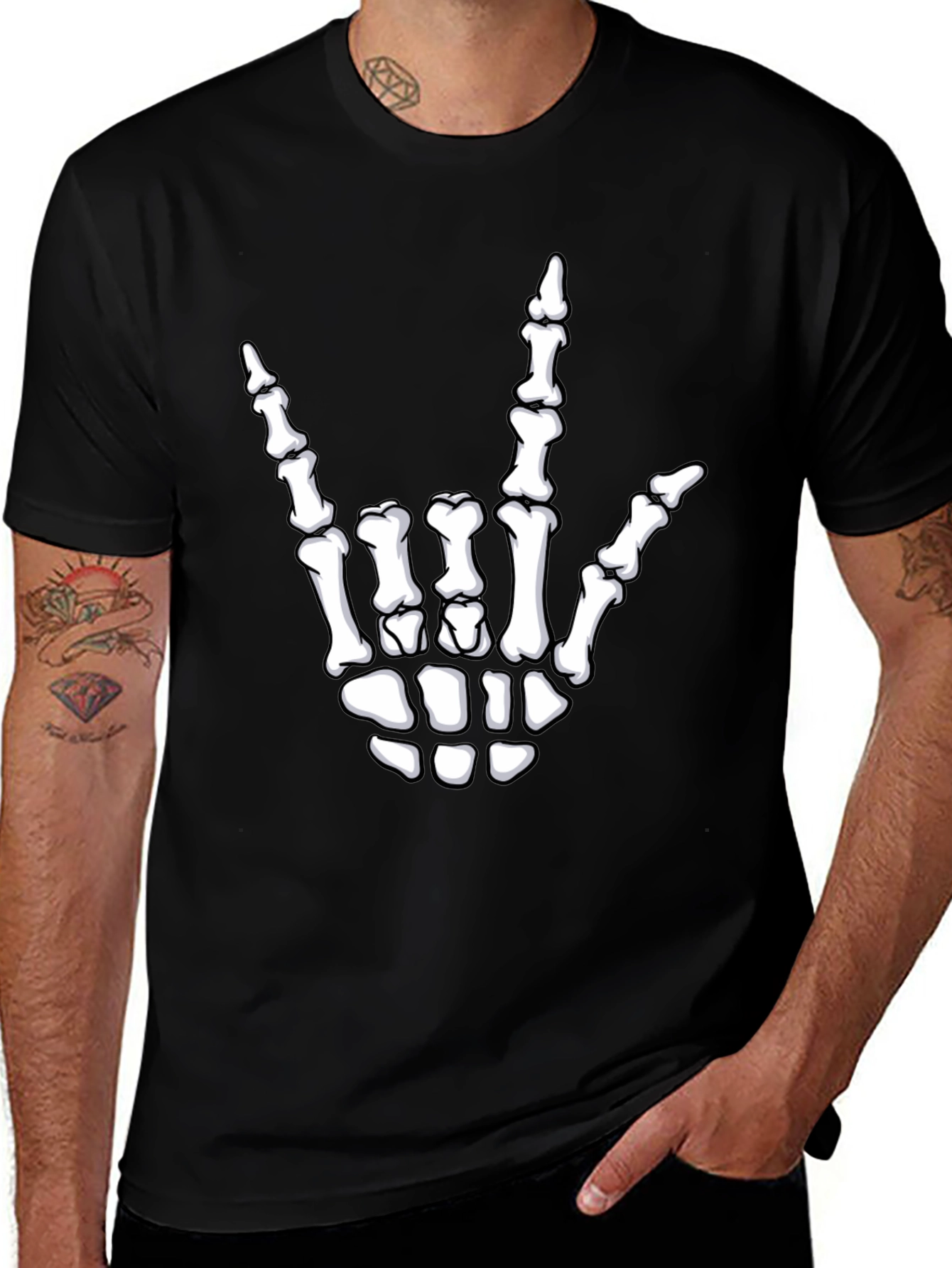 Variant 20 of Rock On Skeleton Hand Graphic Tee - Black
