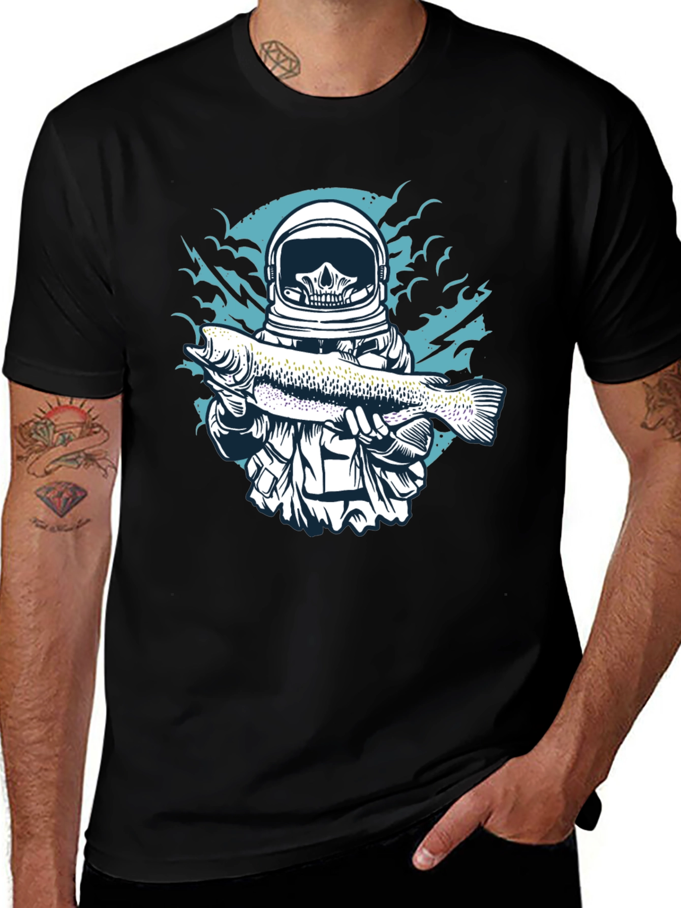 Variant 10 of Skull Astronaut Holding Fish Graphic T-Shirt
