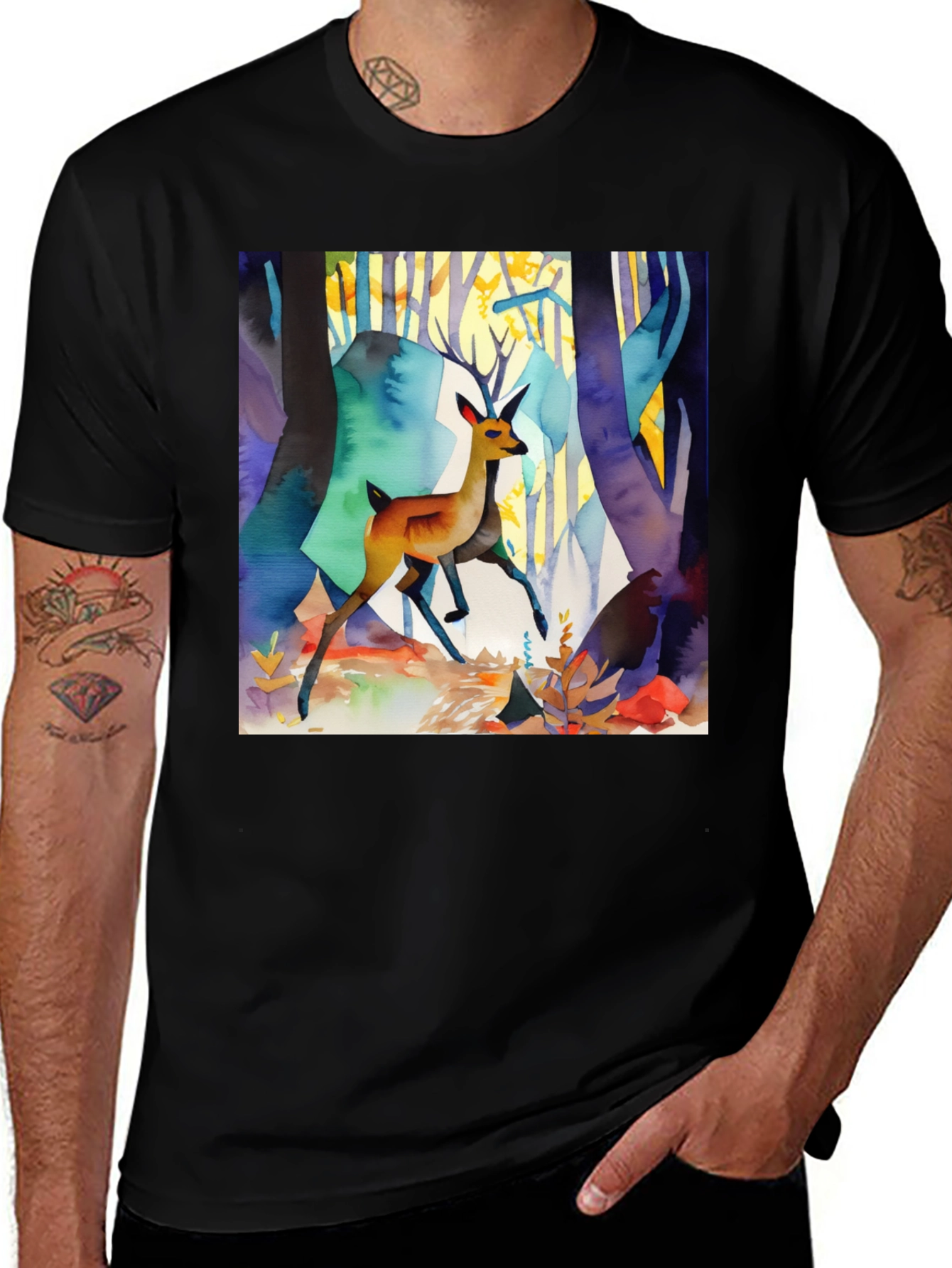 Variant 6 of Watercolor Deer Forest Print Black T-Shirt