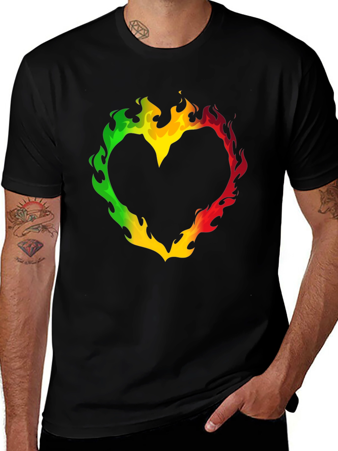 Rasta Heart Flames T-Shirt - Black