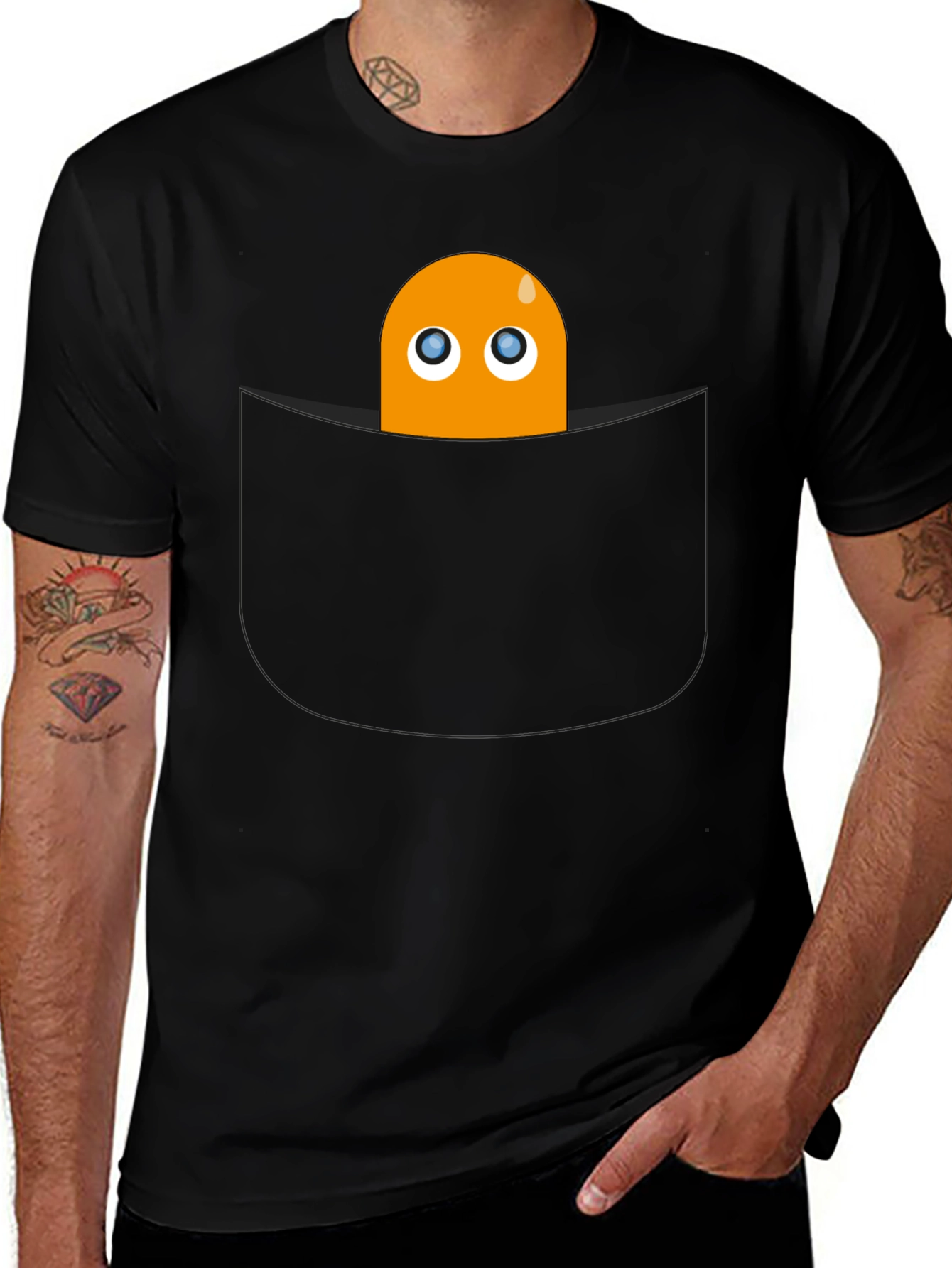 Variant 28 of Black Tee with Pac-Man Ghost Pocket Design