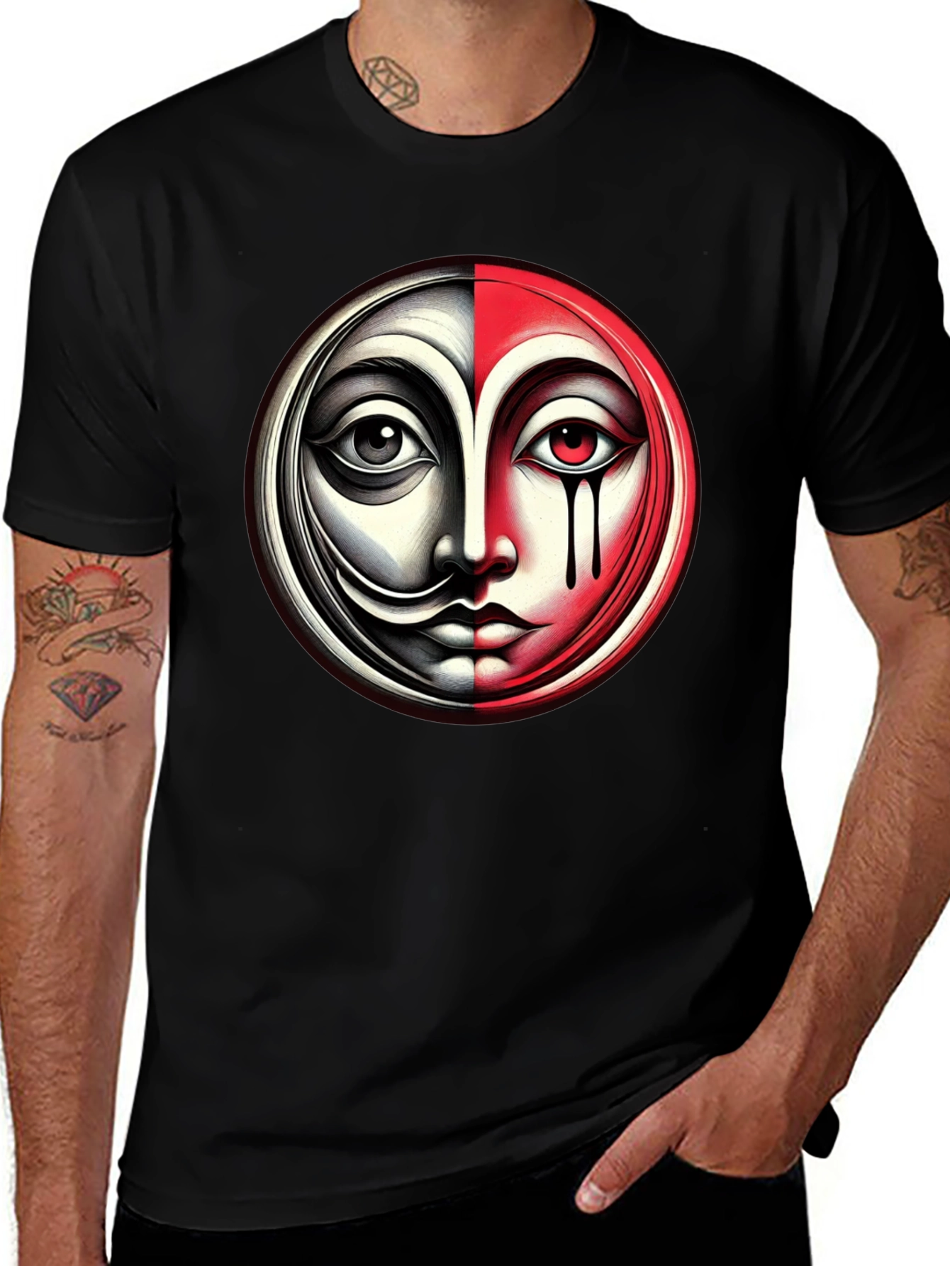 Variant 30 of Yin Yang Face Graphic Tee - Black Cotton Blend