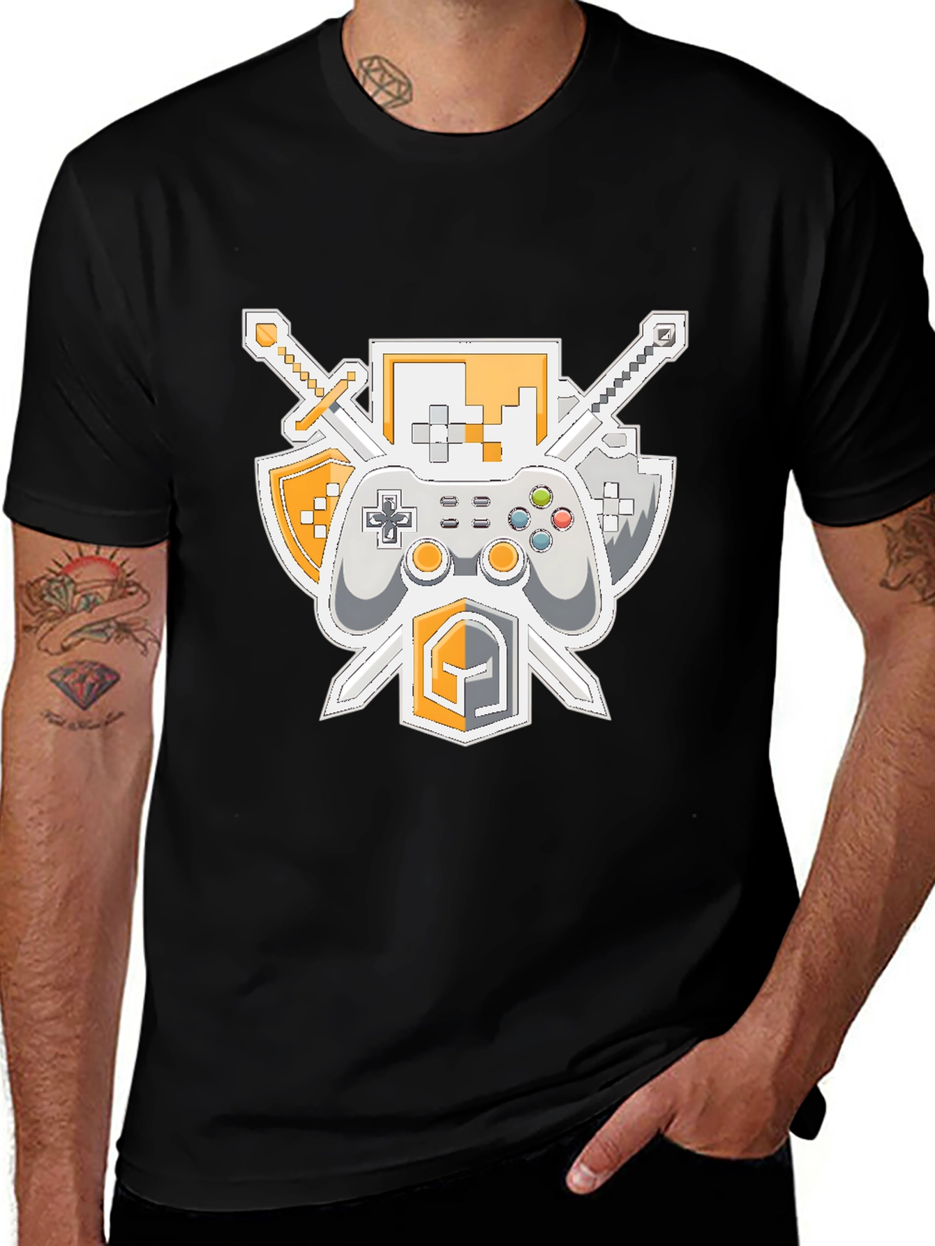 Variant 16 of Gamer's Crest T-Shirt - Swords, Controller, & Shield Design