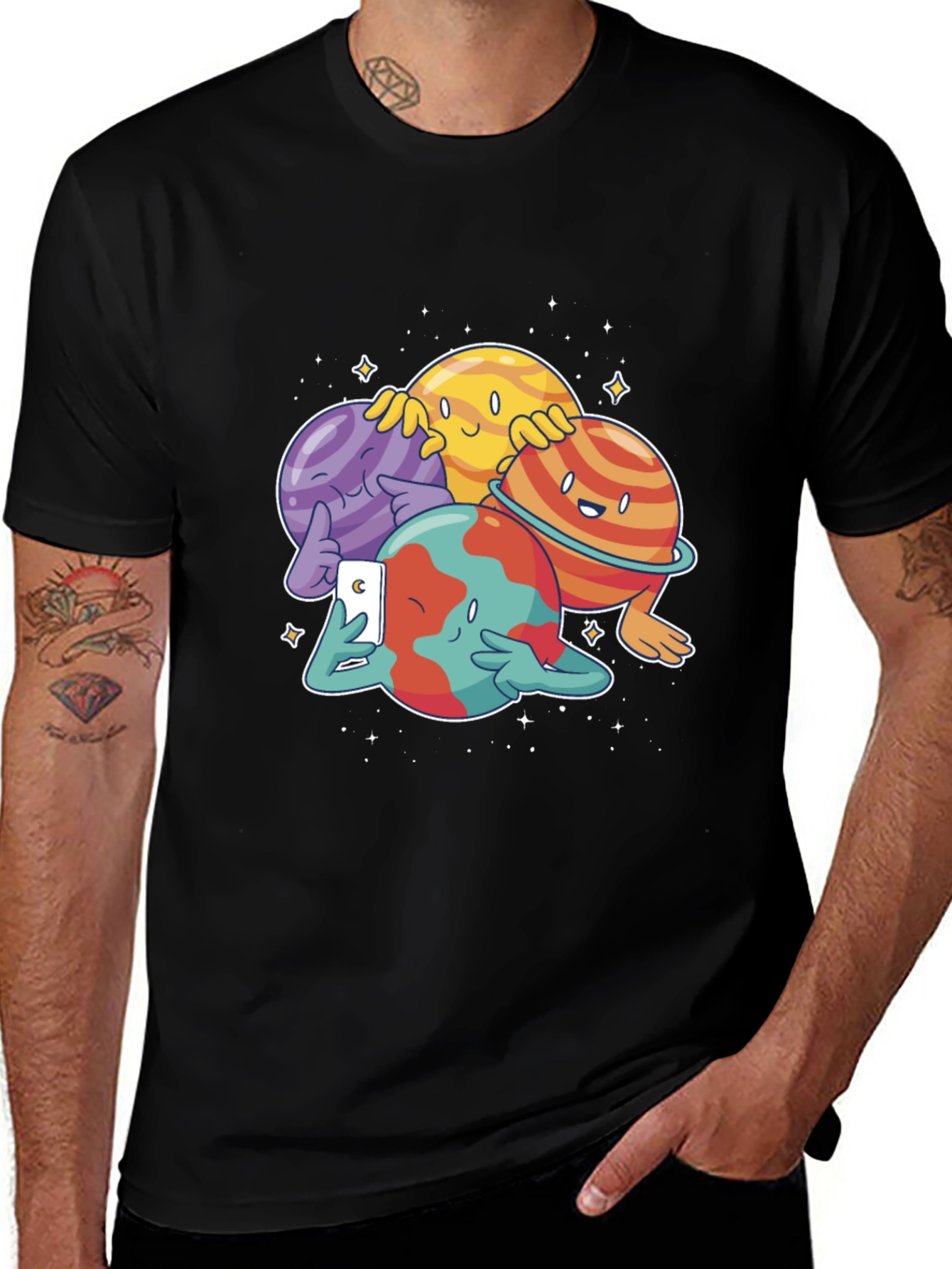 Variant 20 of Cartoon Planets Selfie Black T-Shirt