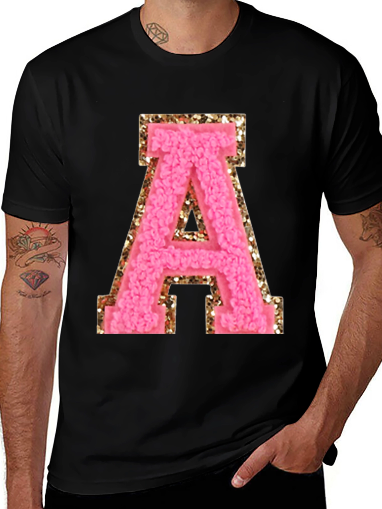 Variant 11 of Letter 'A' Black T-Shirt - Pink Chenille & Gold Glitter