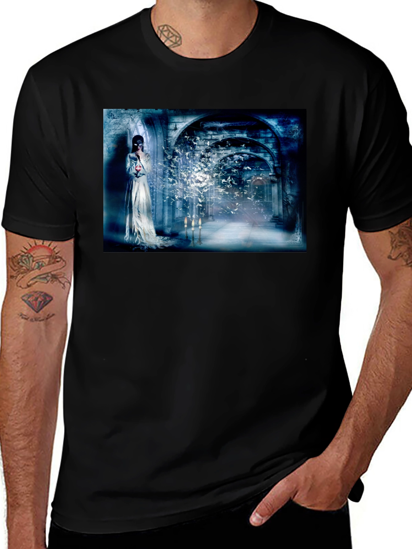 Variant 7 of Mystical T-Shirt: Gothic Bride & Birds Design