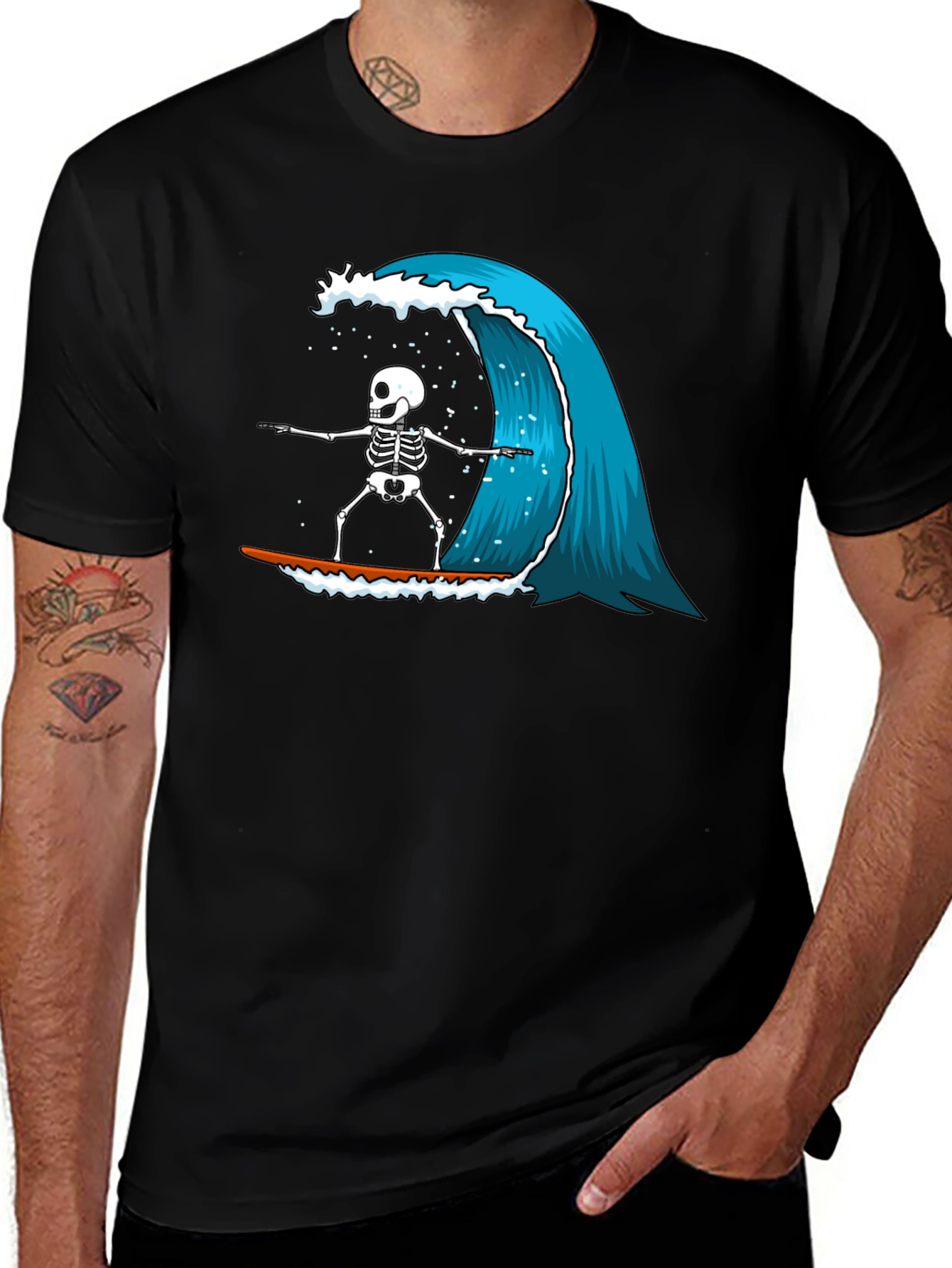 Variant 2 of Skeleton Surfing Wave Graphic Tee - Black