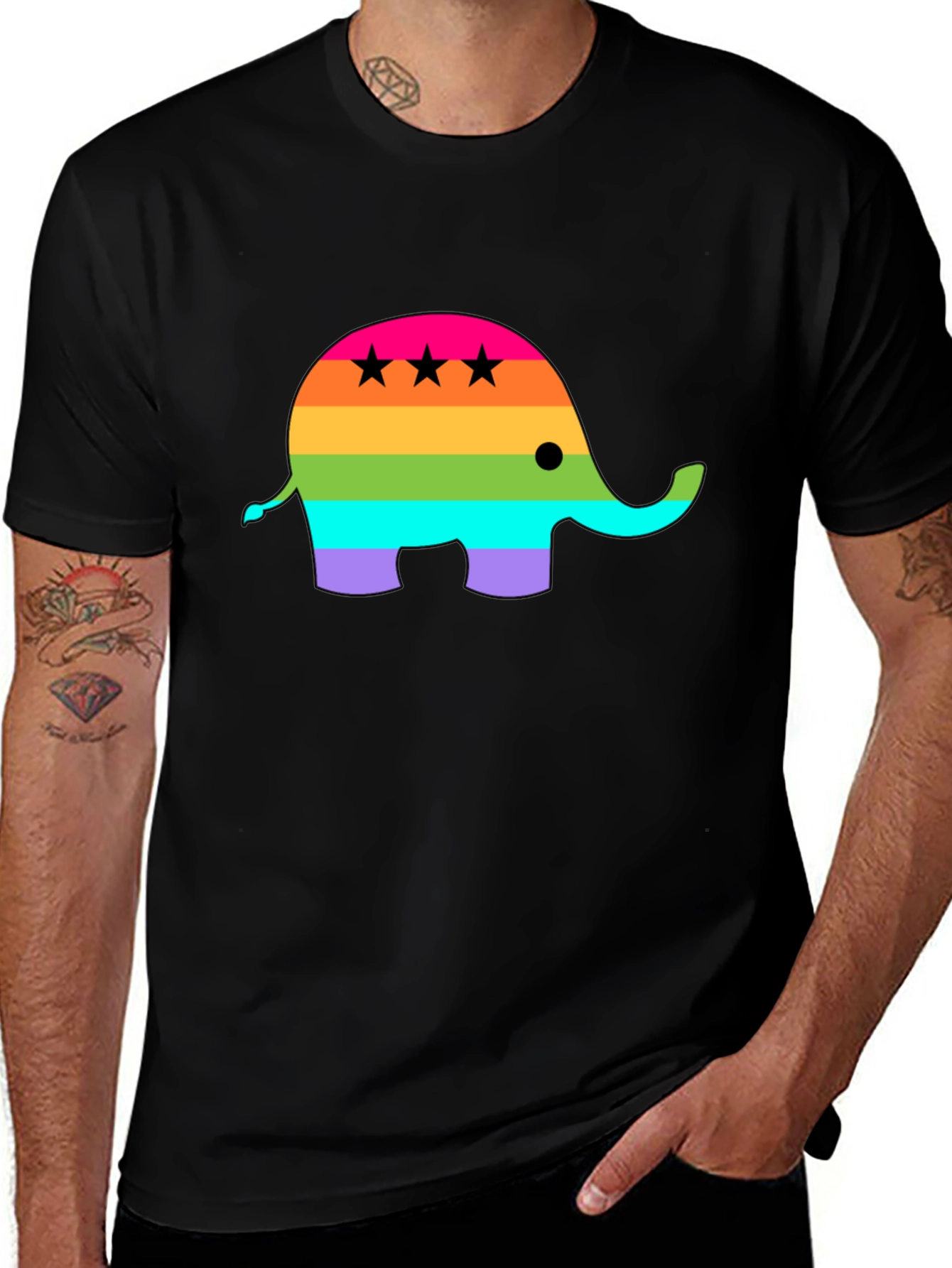 Variant 20 of Rainbow Elephant Stars Graphic Tee - Black