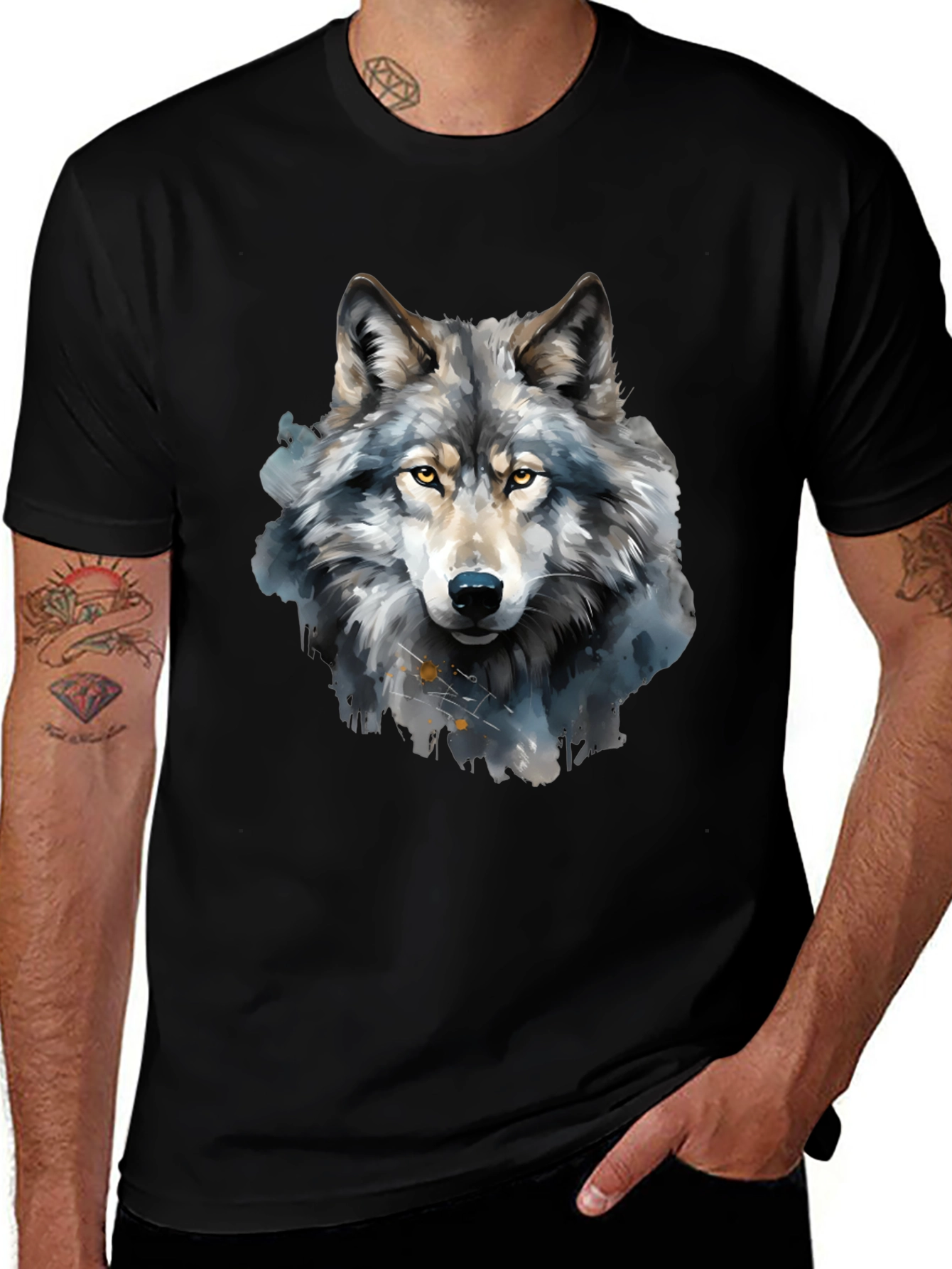 Variant 17 of Watercolor Wolf Graphic Tee - Men's Black T-Shirt