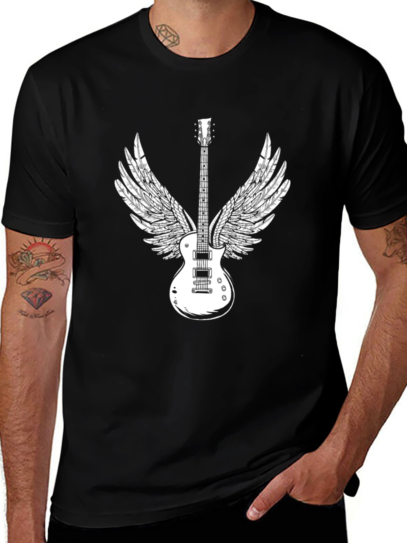 Variant 23 of Winged Guitar Graphic Tee - Black Cotton Casual T-Shirt