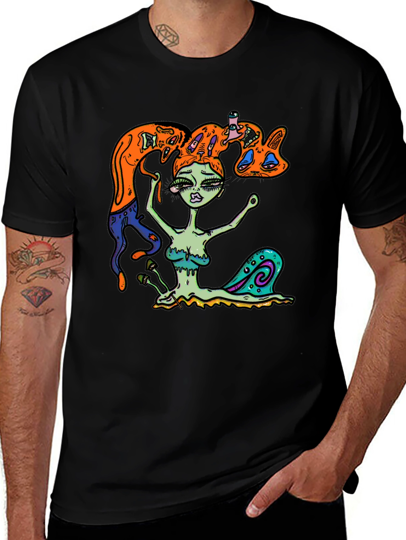 Variant 10 of Surreal Snail Girl Graphic Tee - Black Cotton T-Shirt