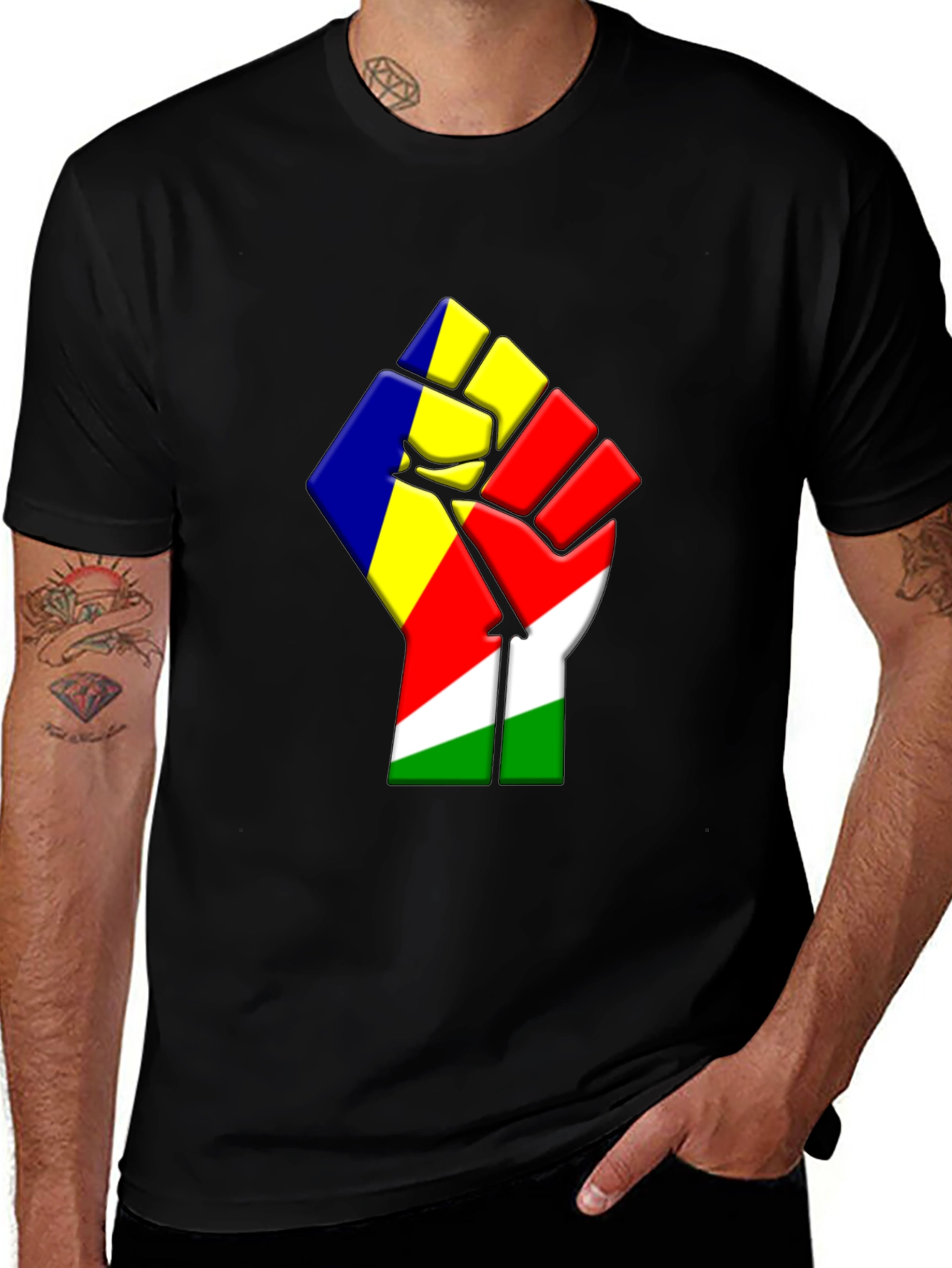 Seychelles Flag Fist Graphic Black T-Shirt