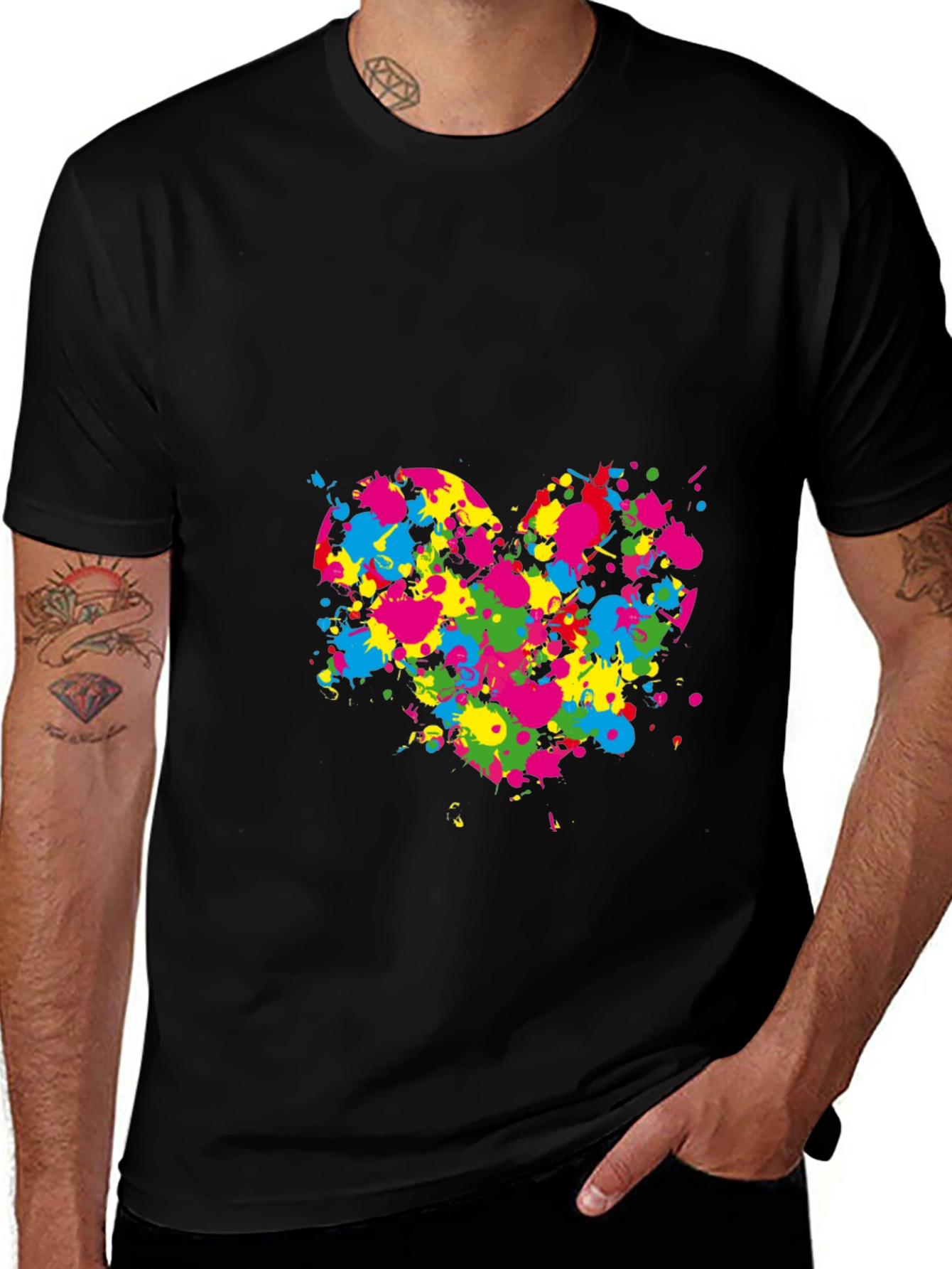 Variant 18 of Colorful Heart Splatter Graphic Black T-Shirt