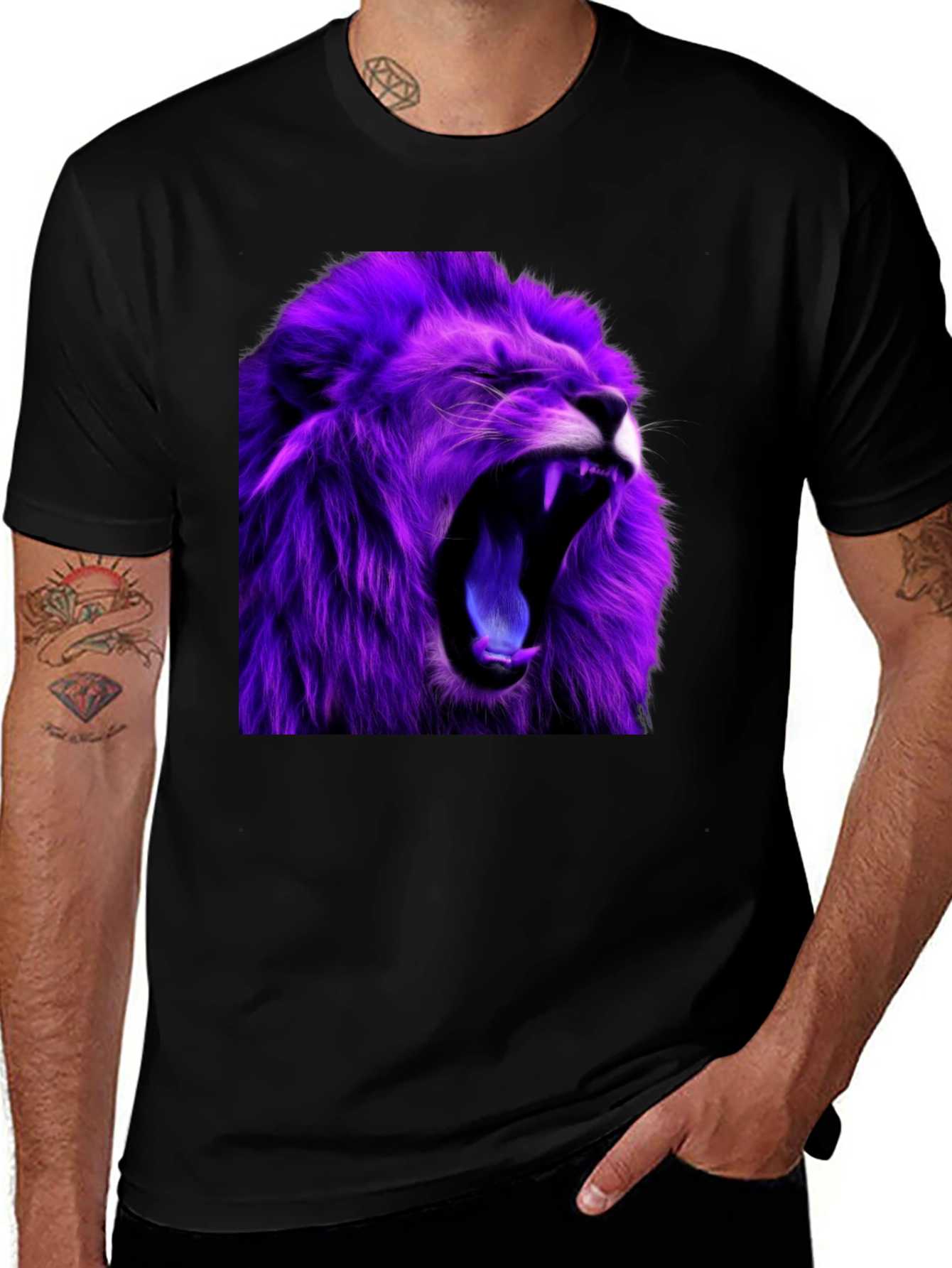Variant 16 of Roaring Purple Lion Graphic Tee - Black Cotton T-Shirt