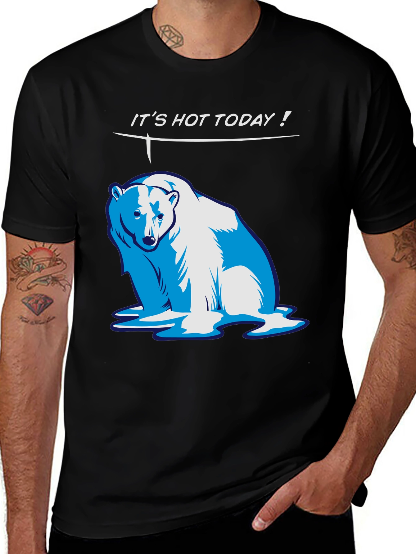 Black Funny "It's Hot Today!" Polar Bear Graphic T-Shirt main image