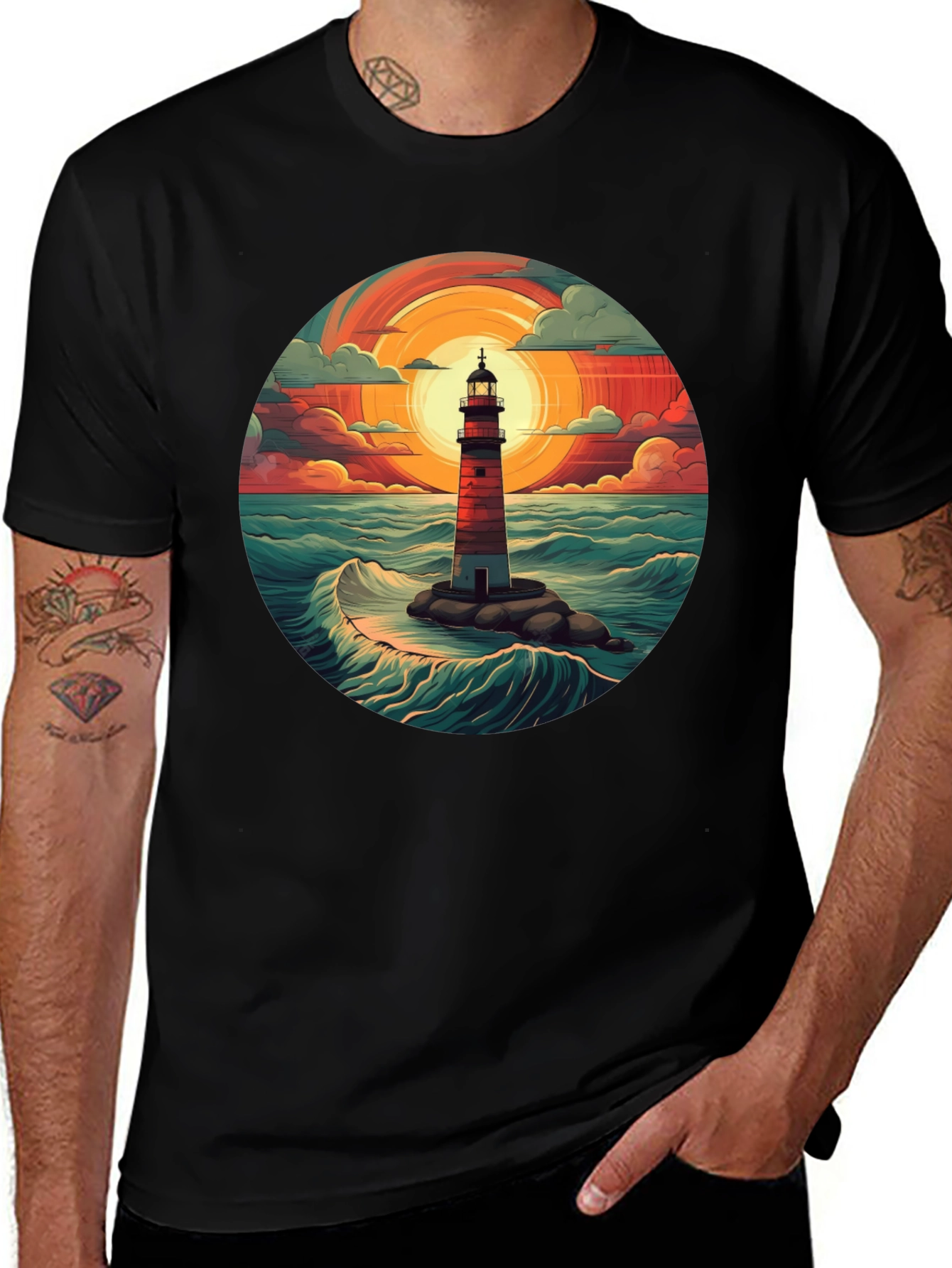 Variant 3 of Lighthouse Graphic T-Shirt - Coastal Sunset Design