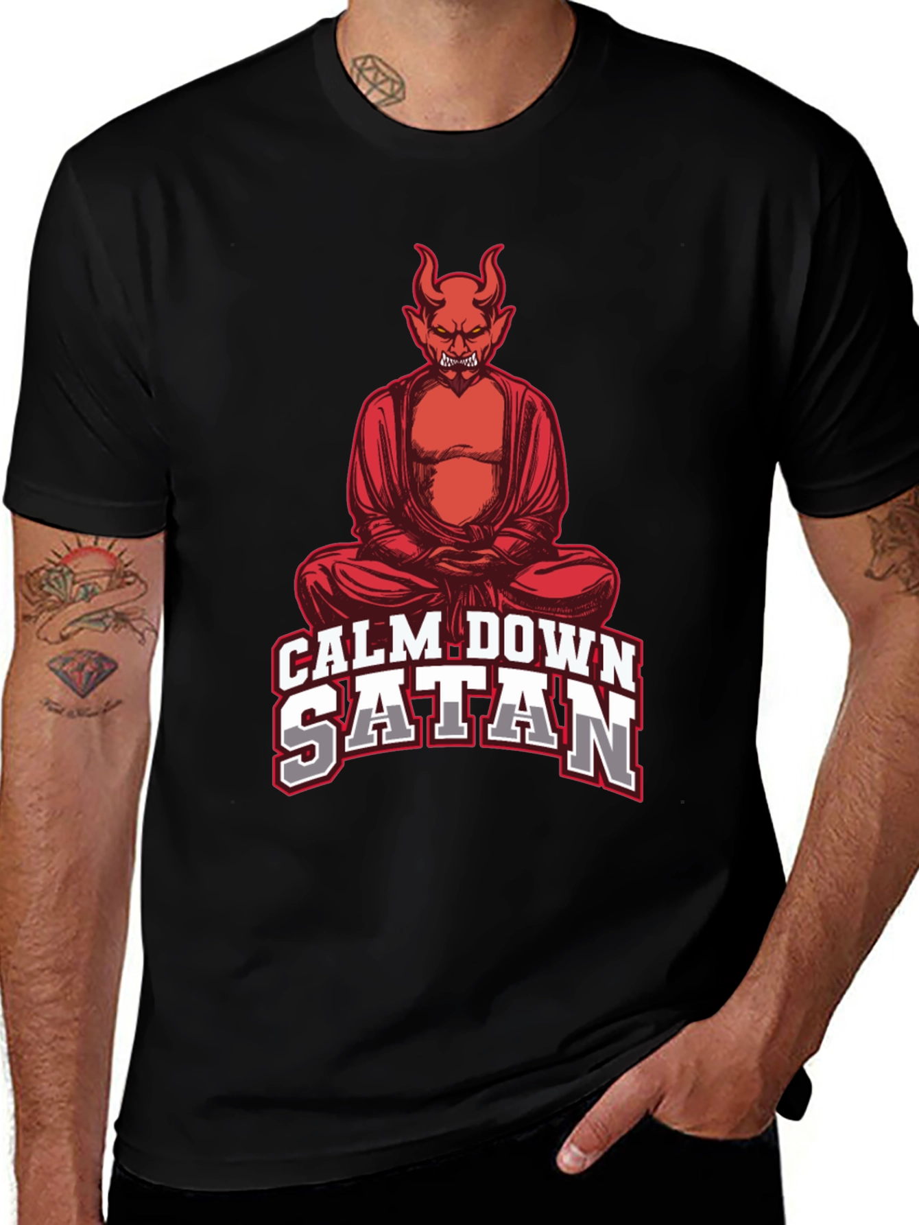 Variant 12 of Calm Down Satan Graphic Tee - Men's Black T-Shirt