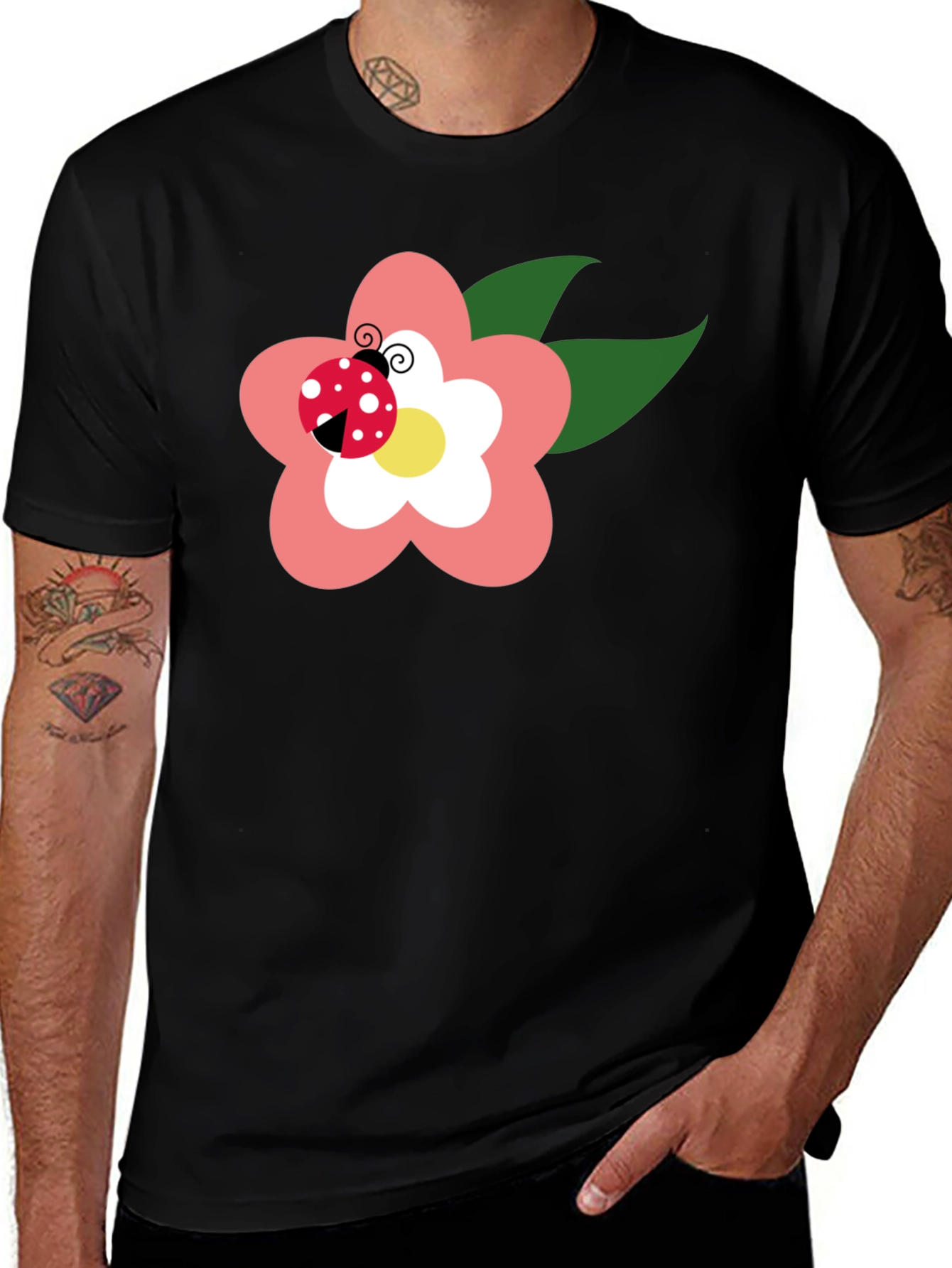 Variant 8 of Black T-Shirt with Flower and Ladybug Design