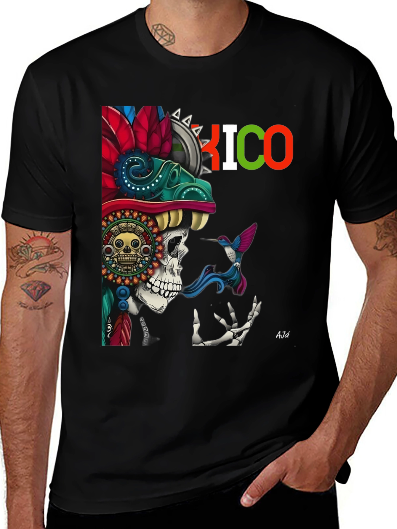 Variant 16 of Mexico Skull Graphic Tee - Aztec Hummingbird Art