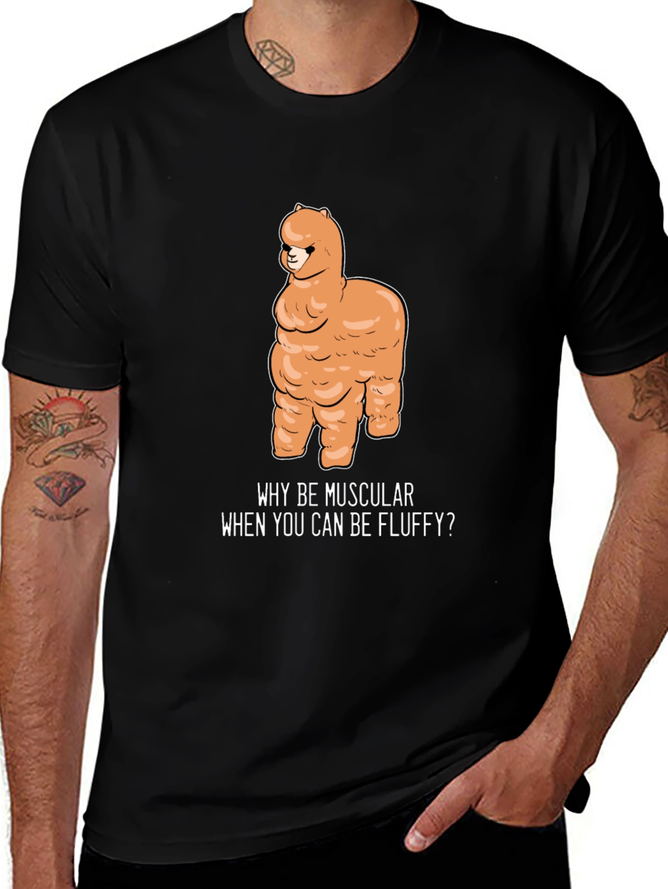 Black Fluffy Alpaca T-Shirt - Why Be Muscular? main image