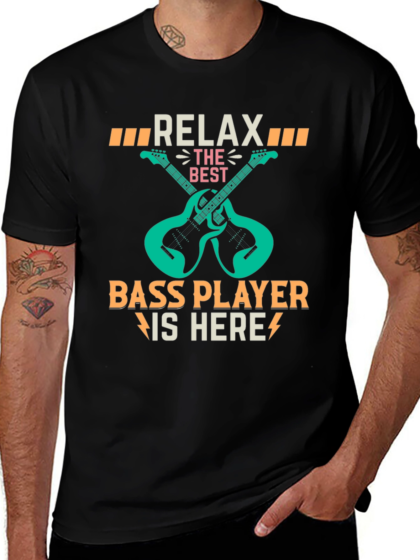 Black Relax Bass Player Here Graphic T-Shirt main image