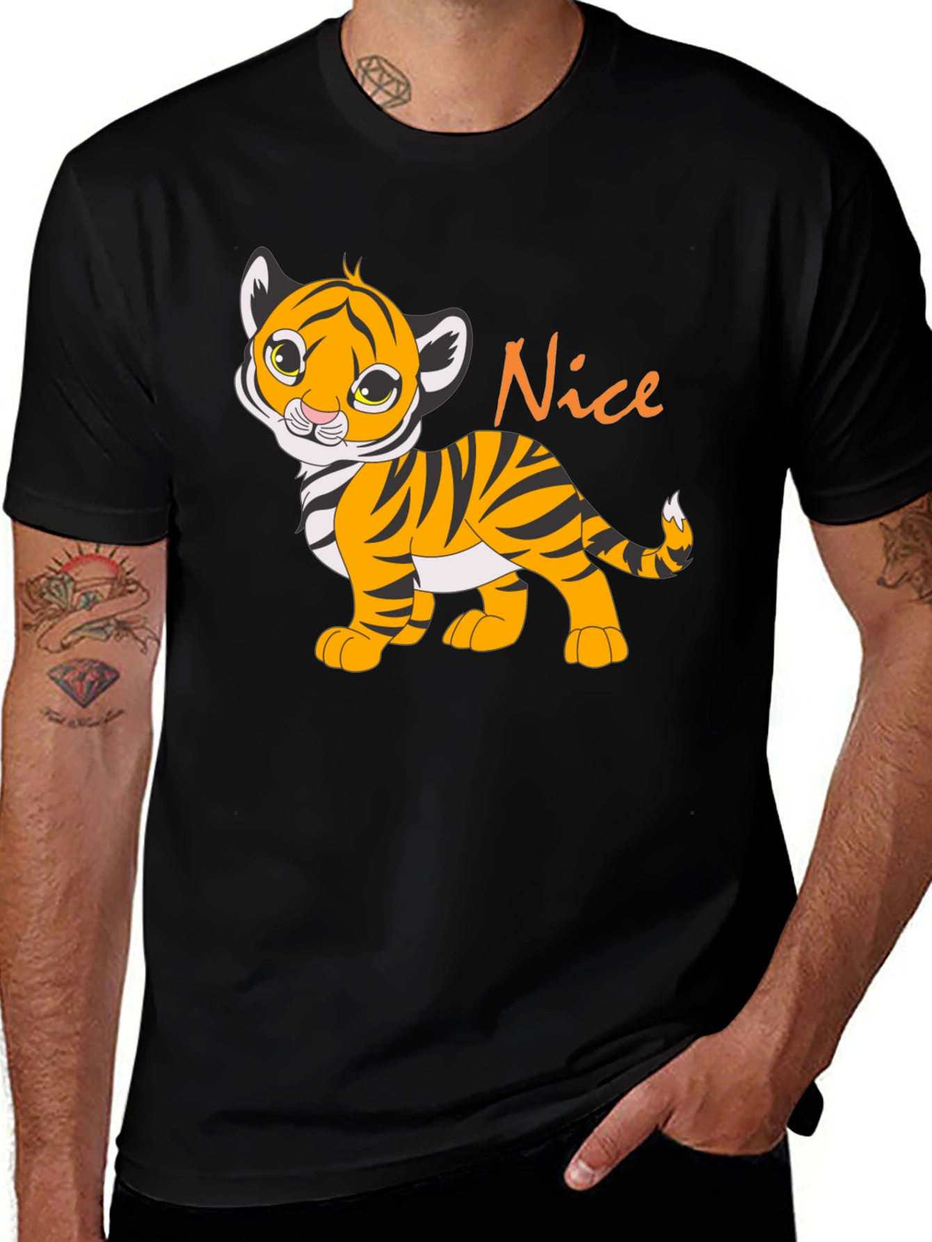 Variant 19 of Cute Tiger Cub 'Nice' Graphic Black T-Shirt