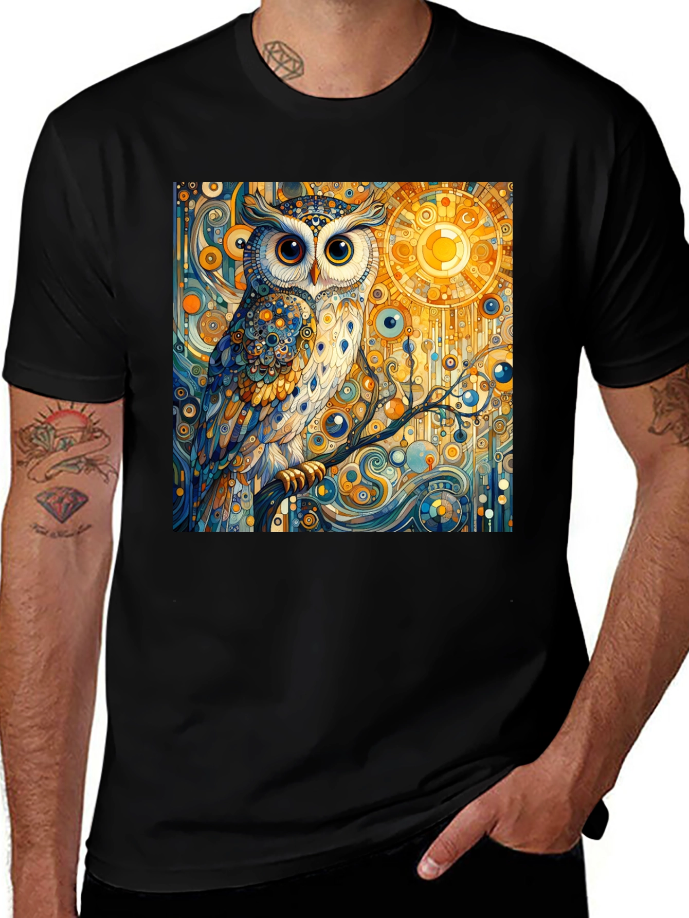 Variant 30 of Owl Art Print Tee - Men's Black Graphic T-Shirt