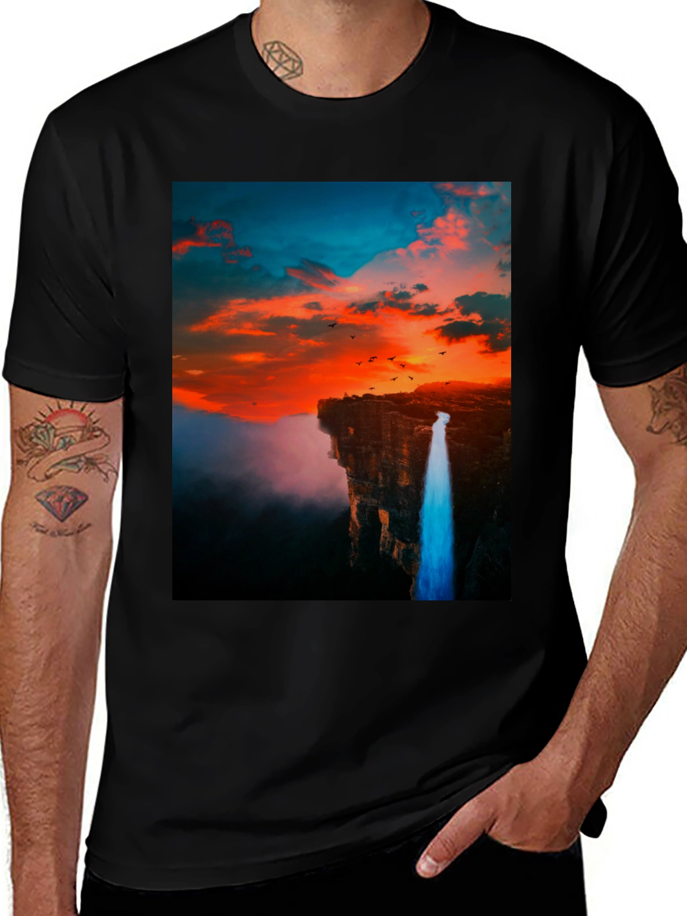 Variant 30 of Sunset Falls Graphic Tee - Black Cotton Blend