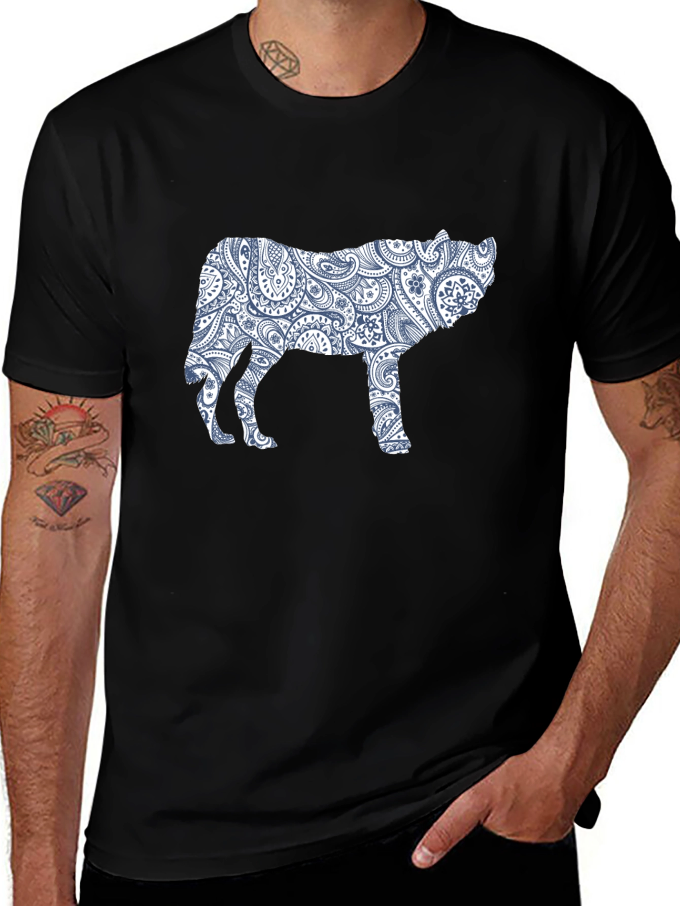 Variant 26 of Paisley Wolf Graphic Tee - Men's Black T-Shirt