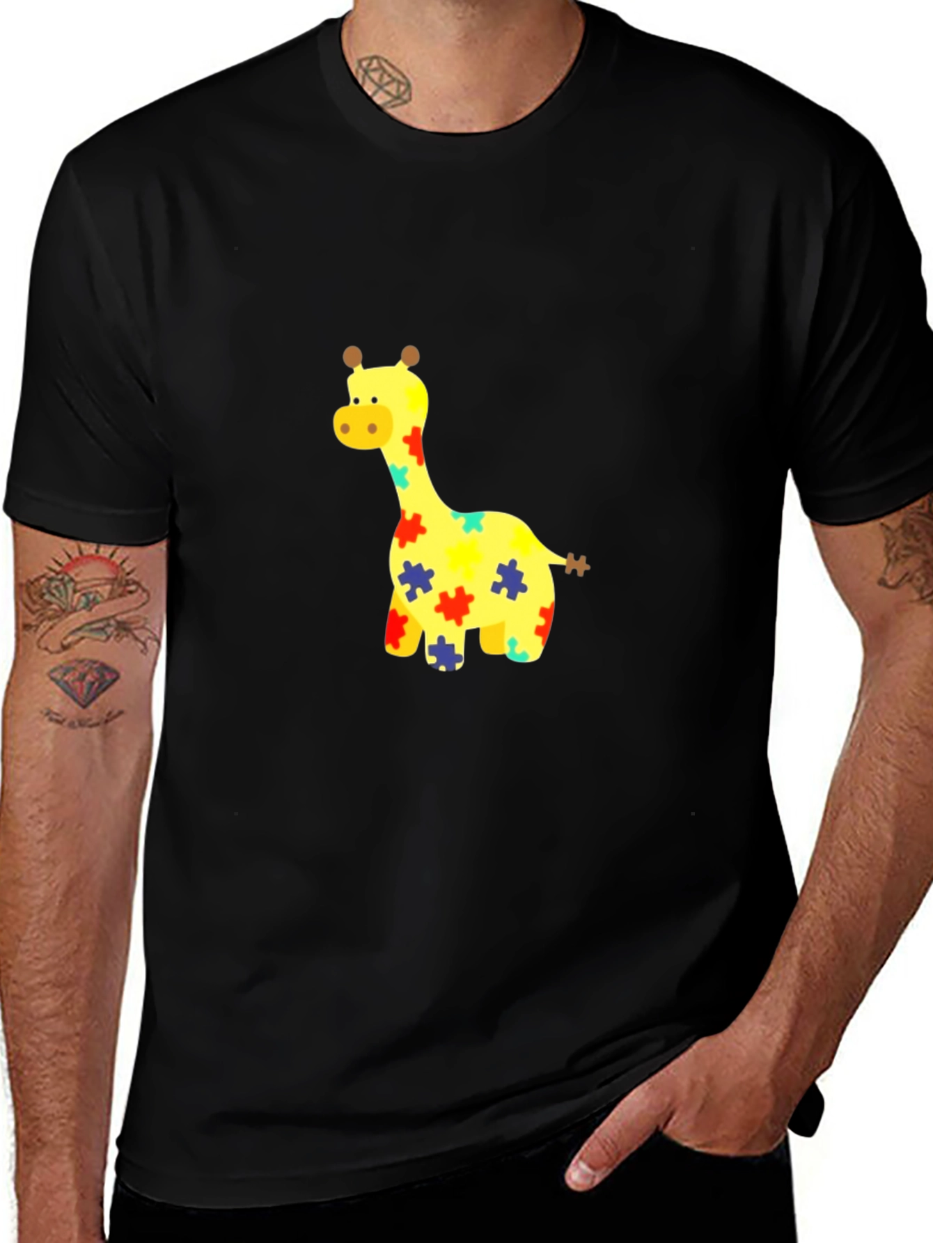 Giraffe Puzzle Piece Graphic Tee - Black Cotton T-Shirt