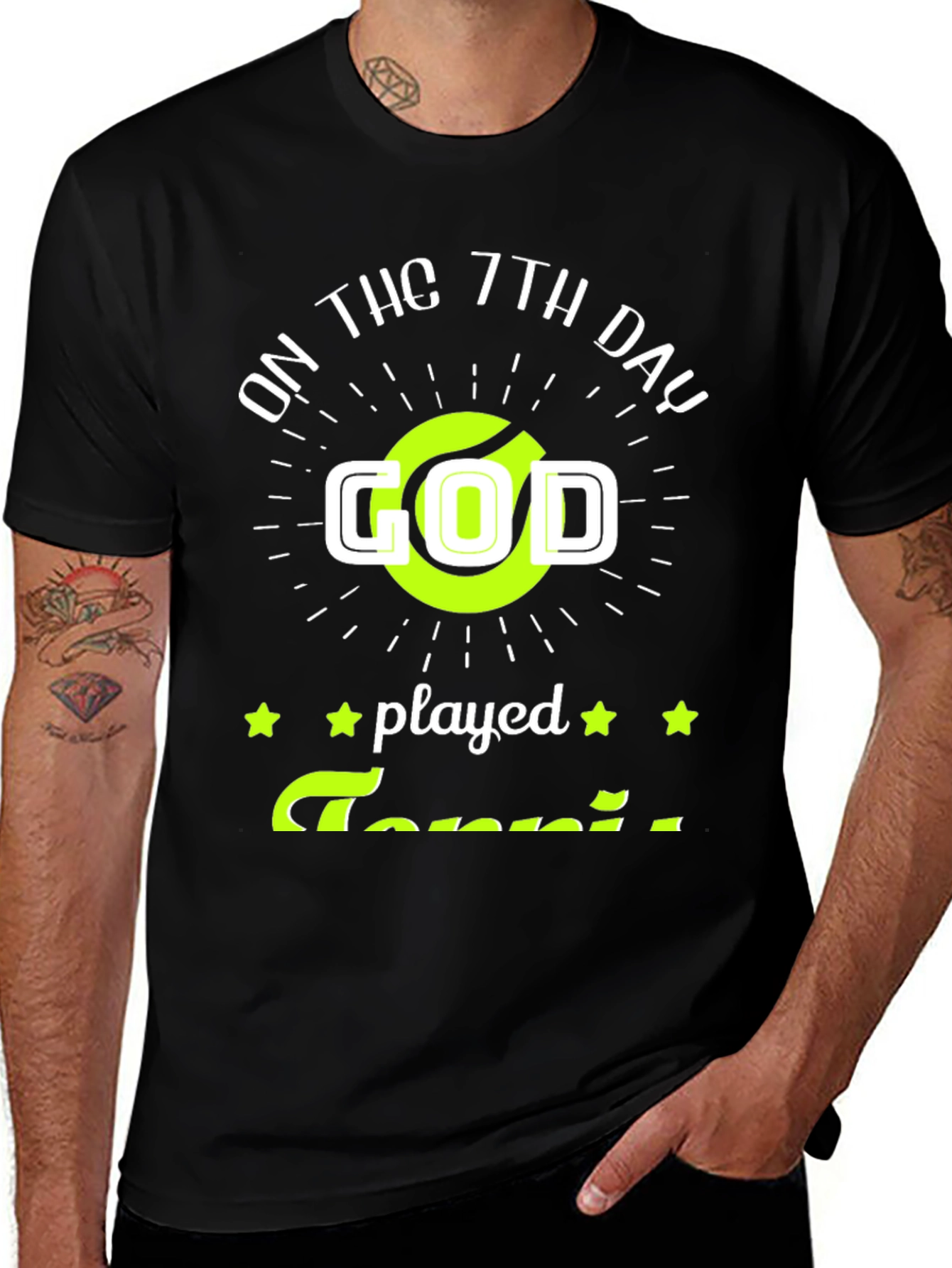 Black Funny Tennis God T-Shirt, On the 7th Day God Played Tennis Tee main image