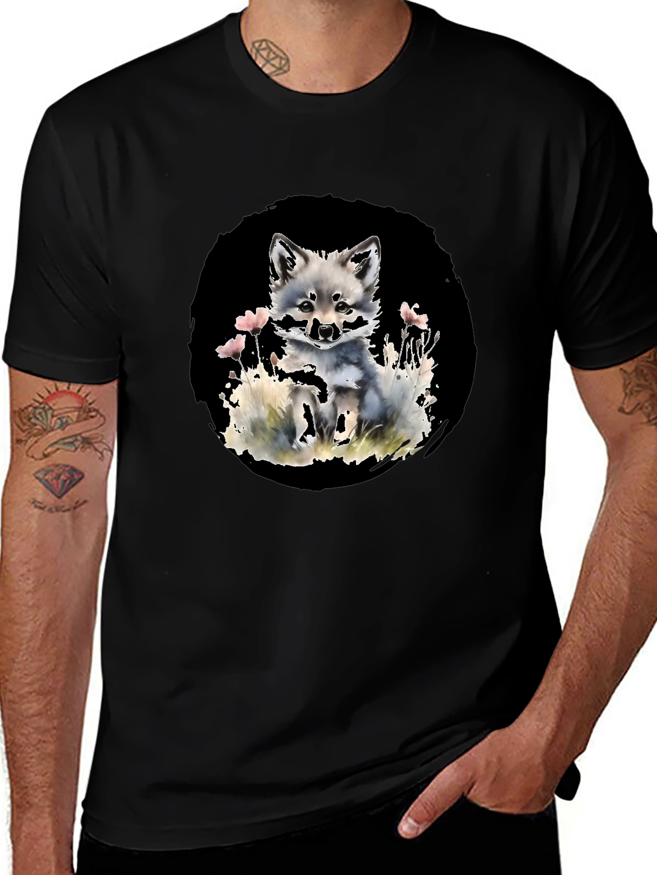 Variant 19 of Watercolor Fox Graphic Black T-Shirt