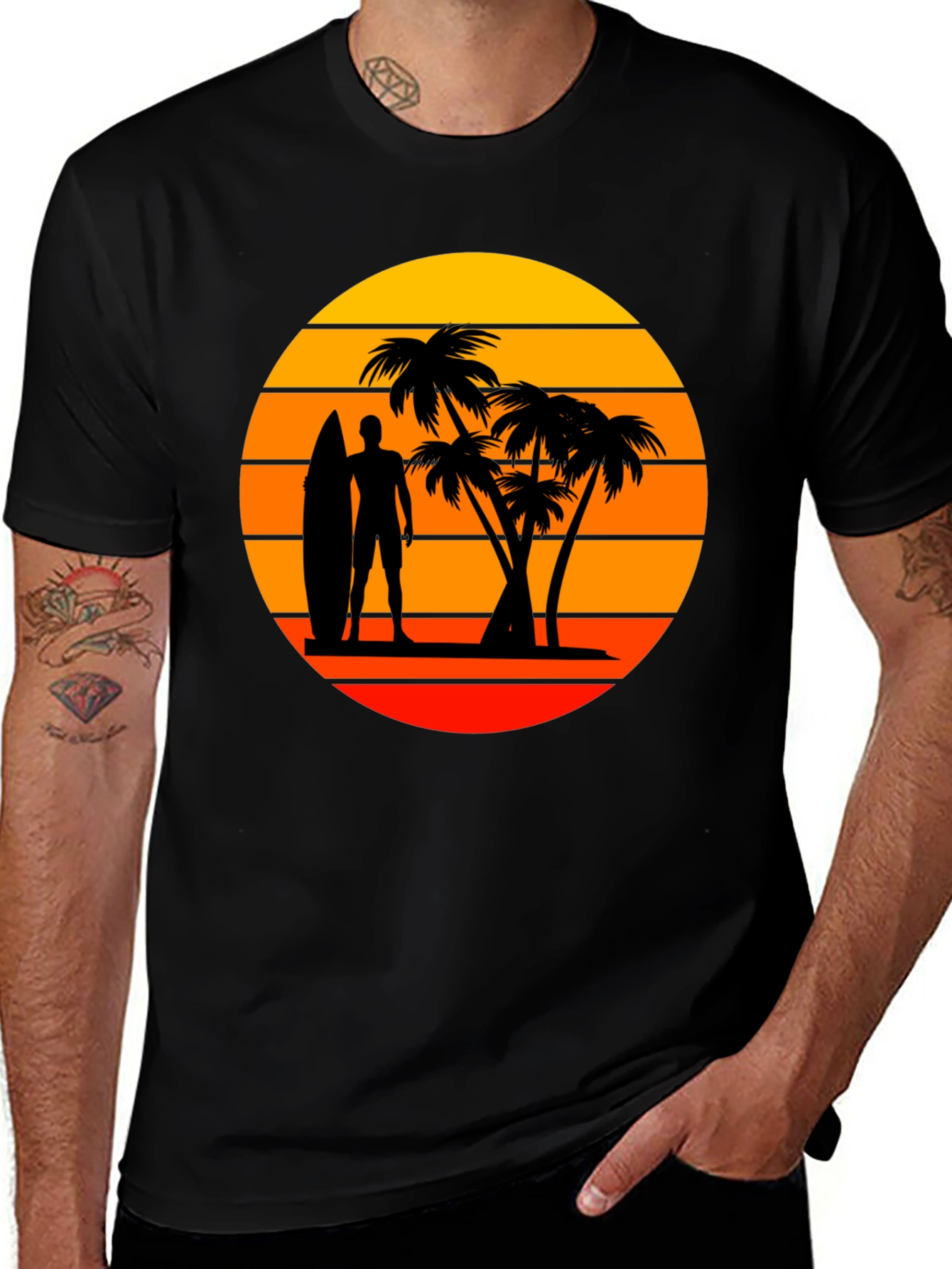 Variant 3 of Retro Sunset Surfer T-Shirt - Black