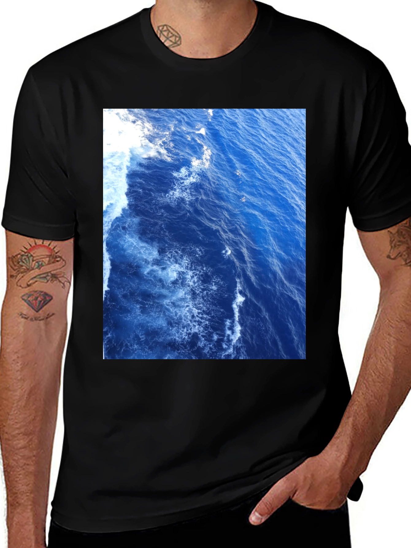 Variant 13 of Ocean Waves Graphic Tee - Black Cotton T-Shirt