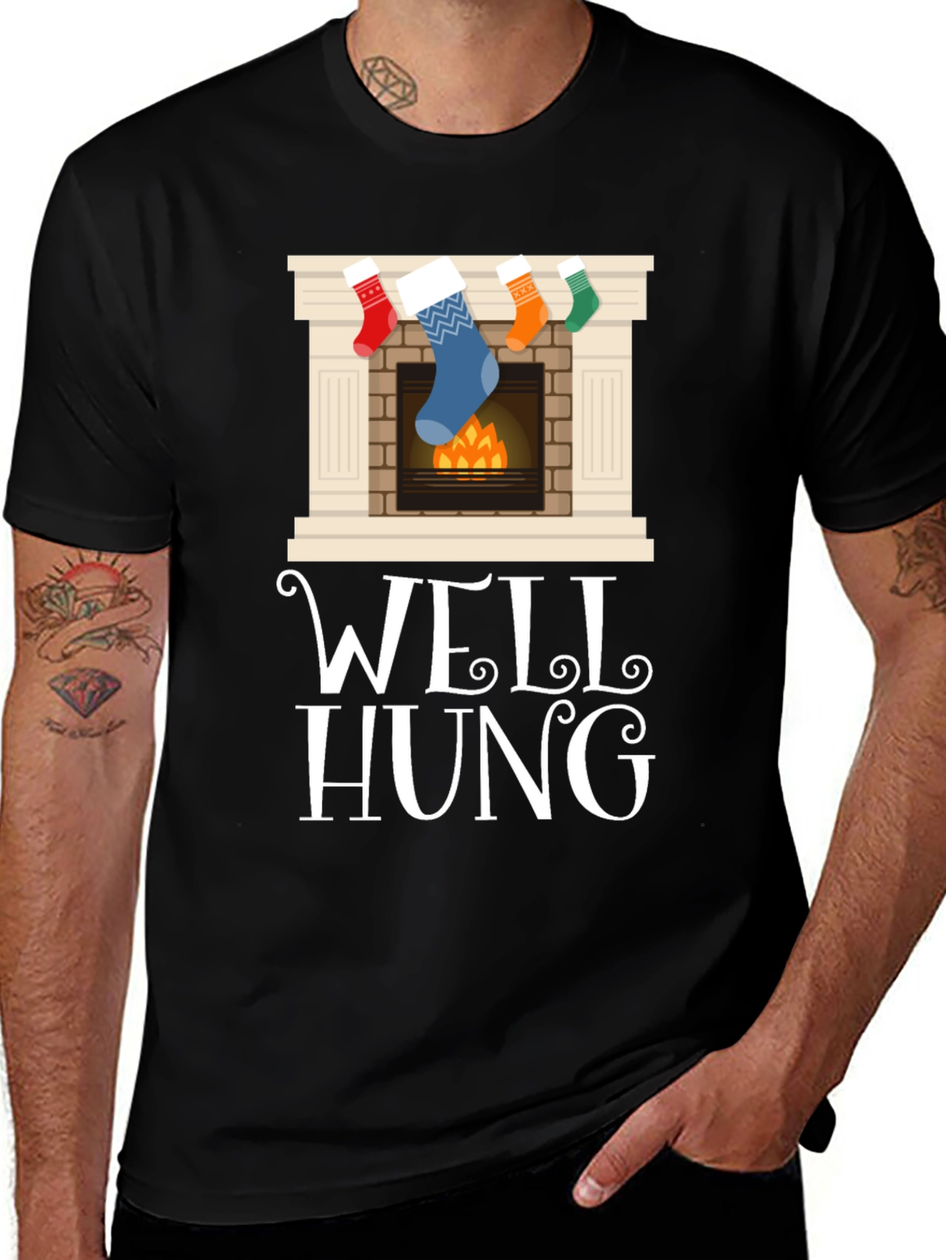 Well Hung Christmas Stocking Fireplace Funny Graphic Tee