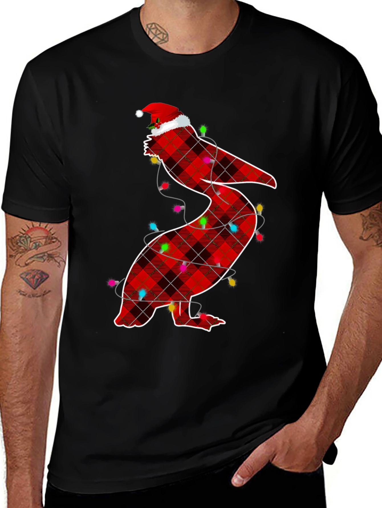 Christmas Pelican Plaid Santa Hat T-Shirt