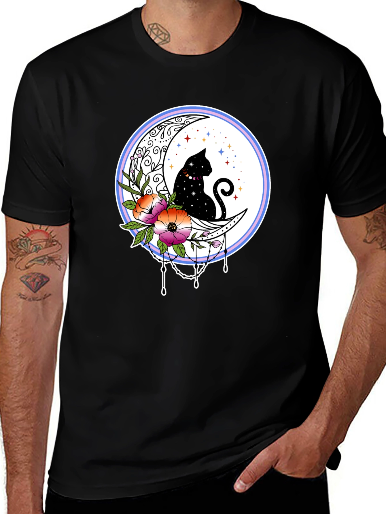Cat on Moon T-Shirt - Black Tee with Celestial Design