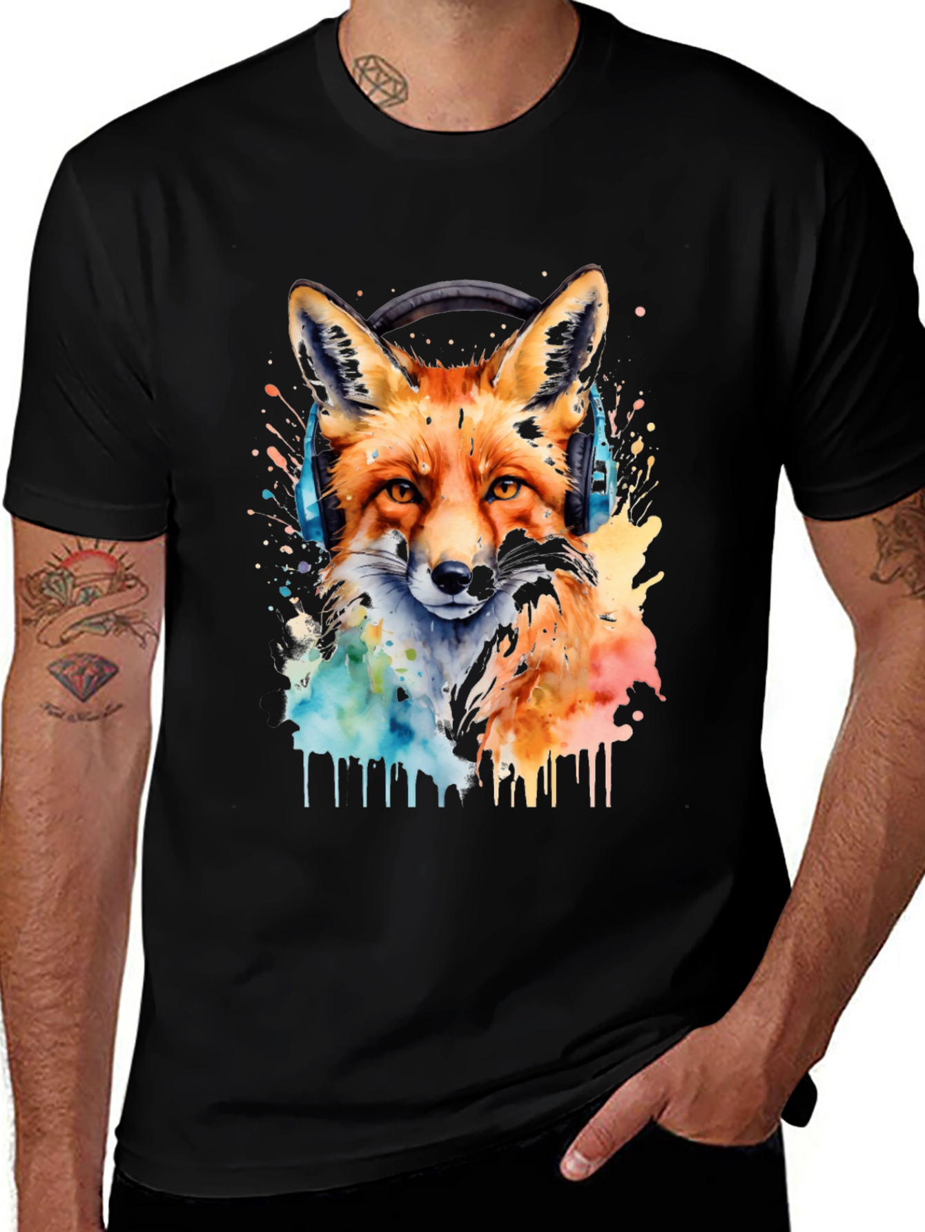 Variant 6 of Fox Headphone Watercolor Graphic T-Shirt