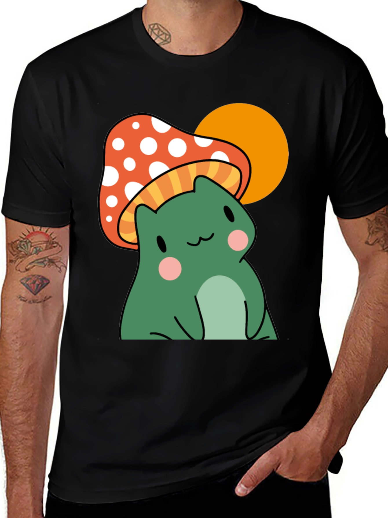 Variant 13 of Frog Mushroom Graphic T-Shirt - Black Cotton Tee