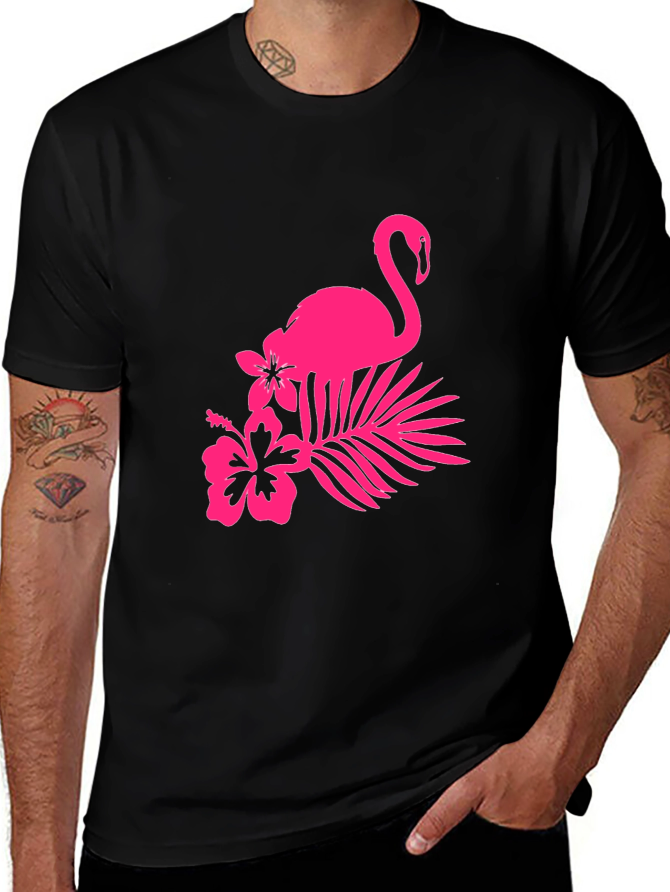 Variant 27 of Black Tee with Pink Flamingo and Floral Design