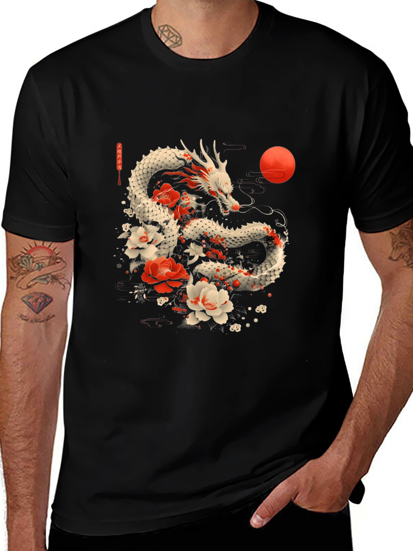 Variant 30 of Dragon & Floral Graphic Tee - Asian Inspired Design