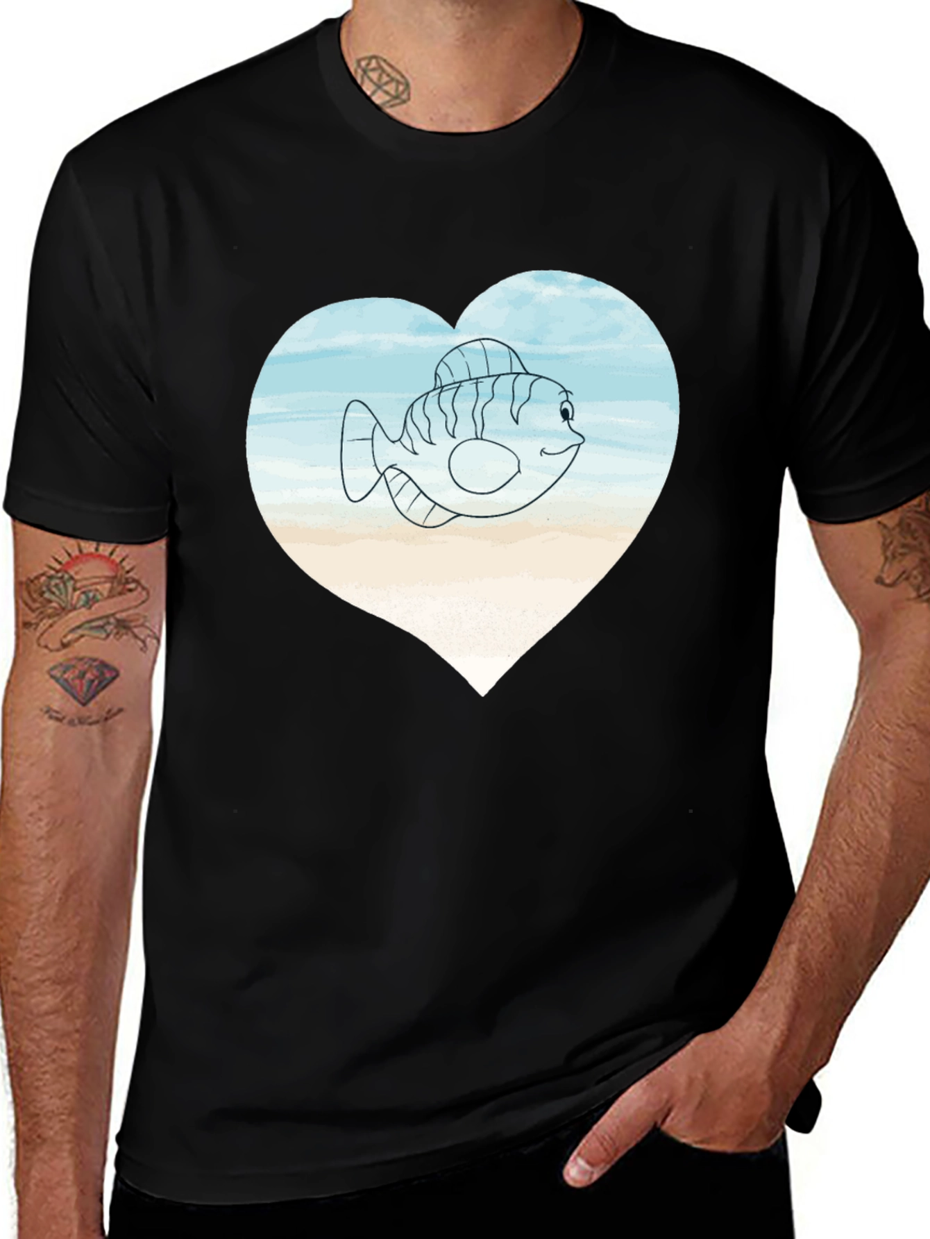 Variant 23 of Fish Heart Graphic Tee -  Men's Black T-Shirt