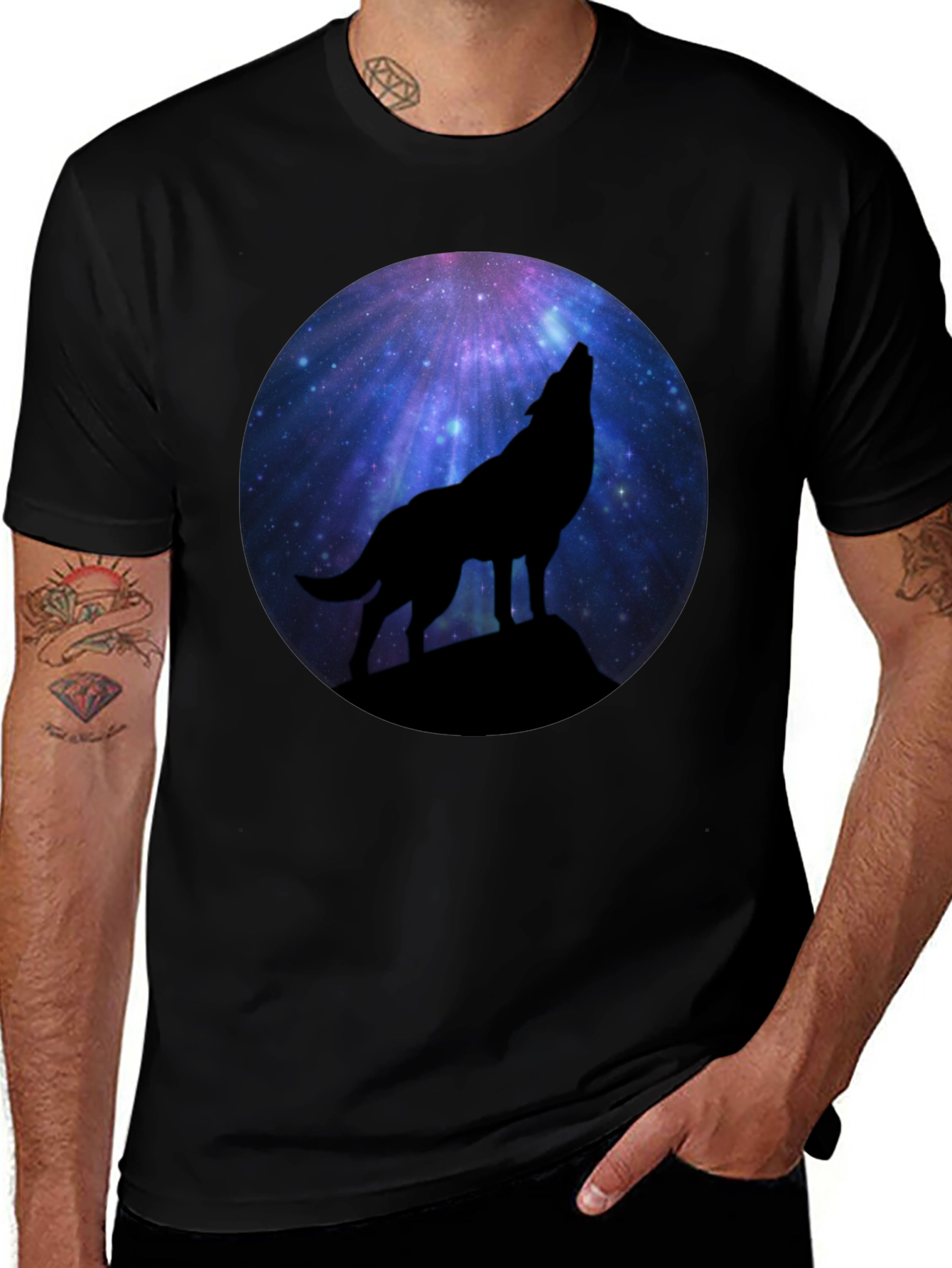 Black Wolf Howling at Galaxy Moon Men's Black T-Shirt main image