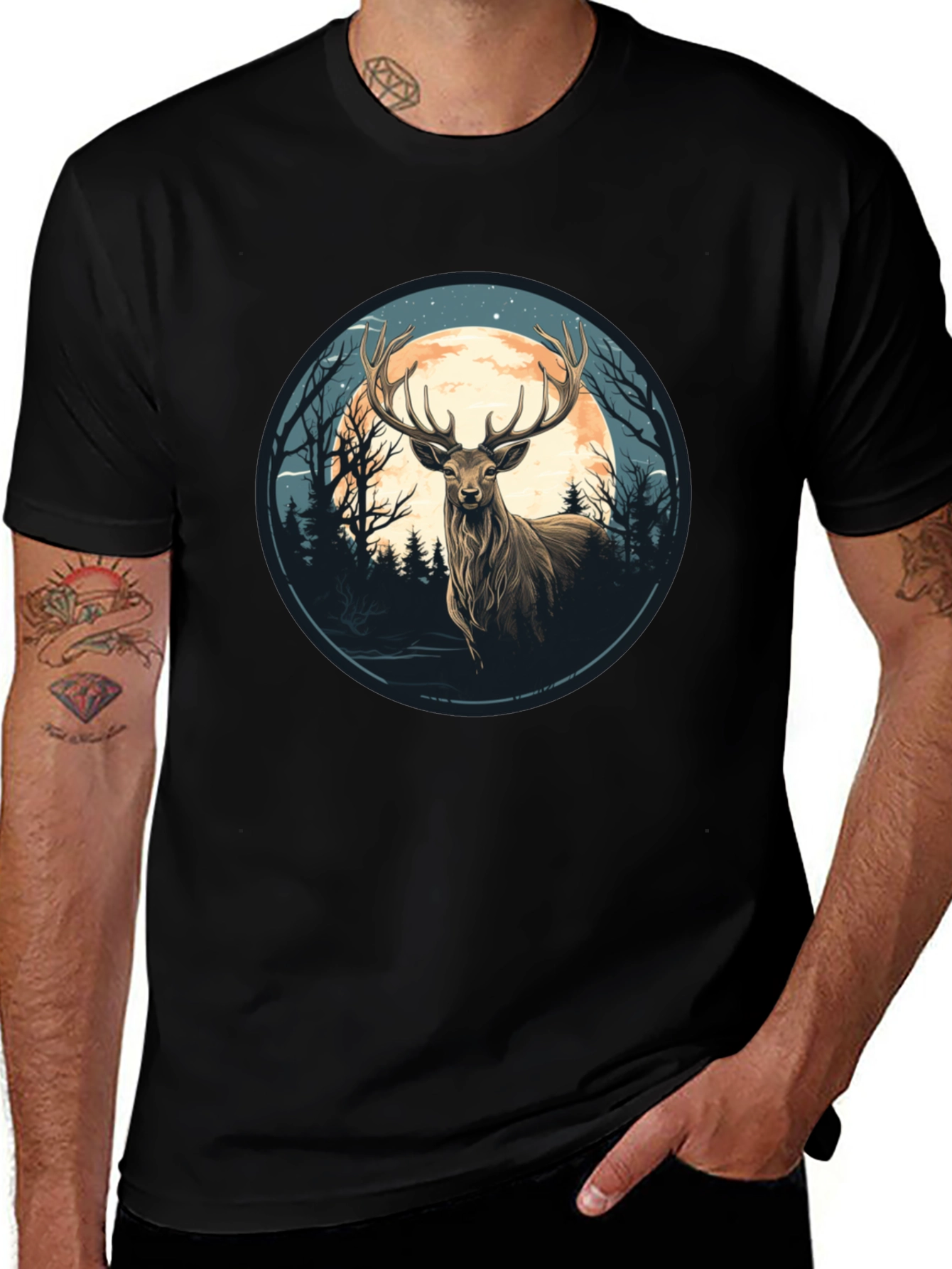 Variant 16 of Deer Moon Graphic Tee - Nature Inspired Black T-Shirt