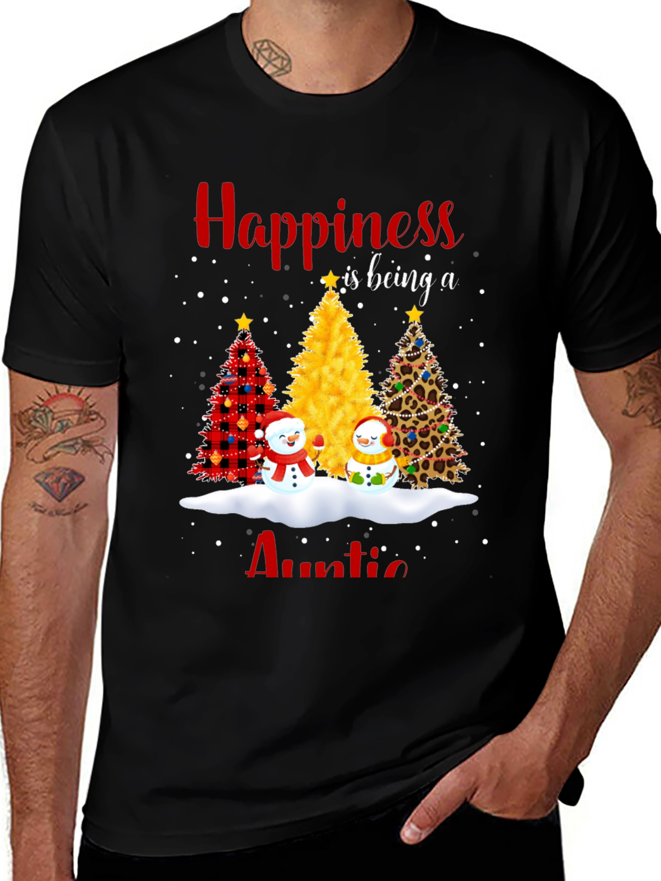 Happiness Auntie T-Shirt: Christmas Trees and Snowmen