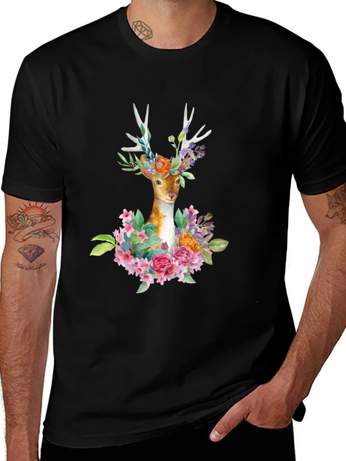 Variant 10 of Floral Deer Graphic Tee - Trendy Men's Black T-Shirt