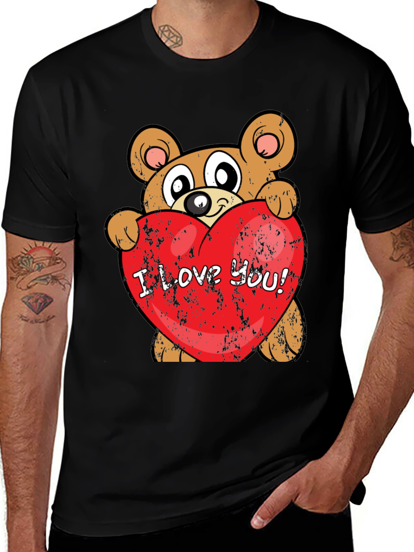 Variant 23 of I Love You Bear Graphic Black T-Shirt