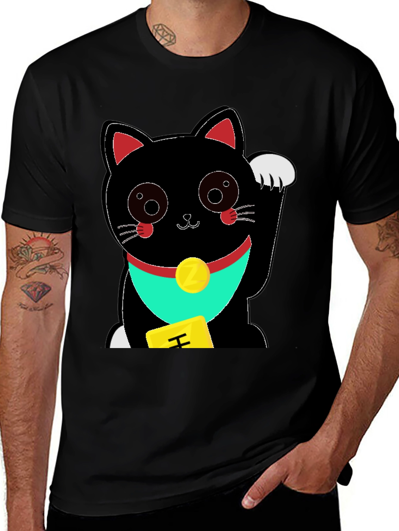 Black Lucky Cat Graphic Tee - Soft Black Cotton T-Shirt main image
