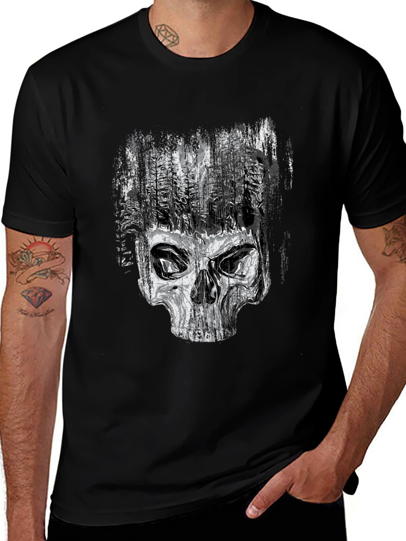 Variant 7 of Skull & Forest Graphic Tee - Edgy Men's Black T-Shirt